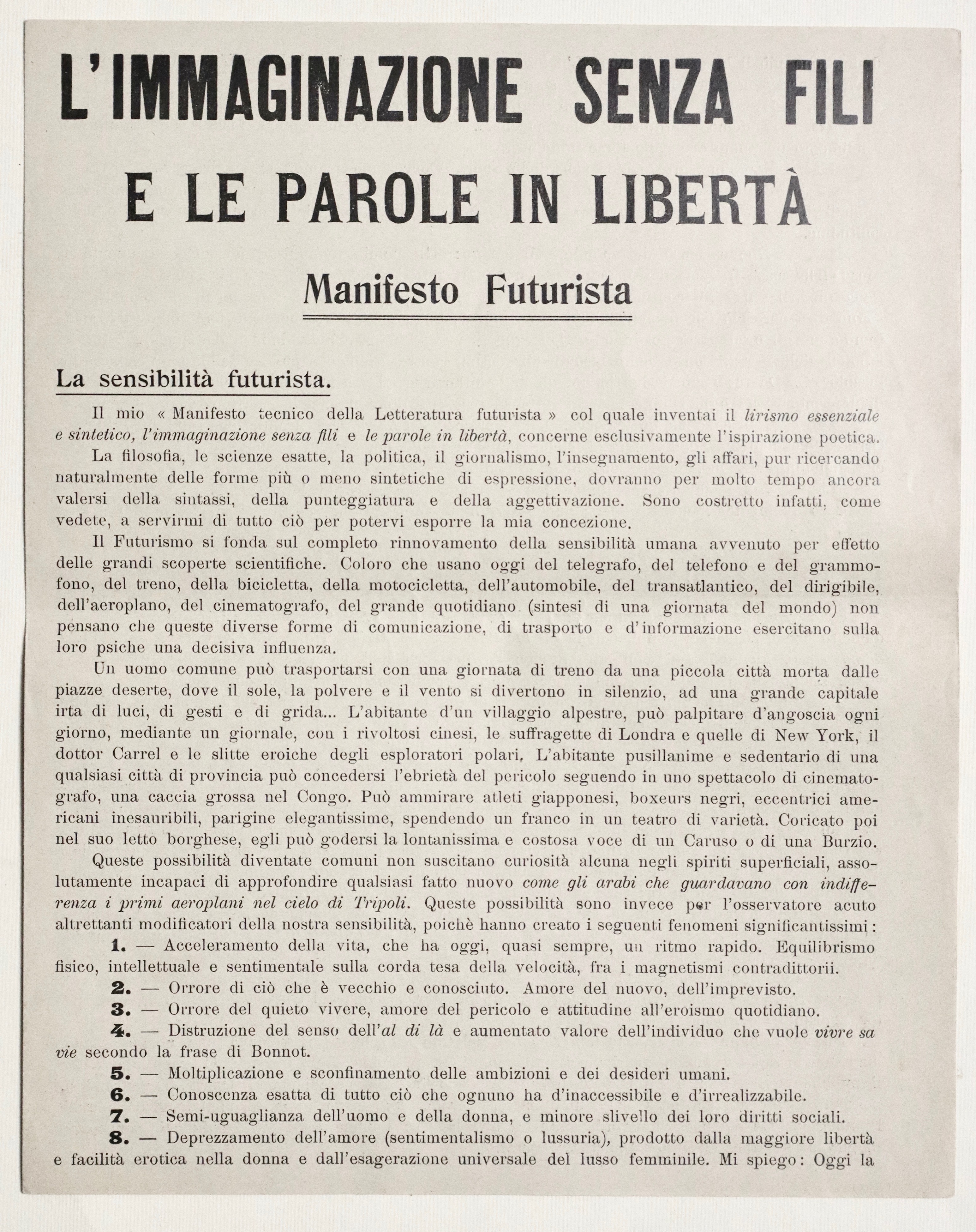 L'immaginazione senza fili e le parole in libertà. Manifesto Futurista.