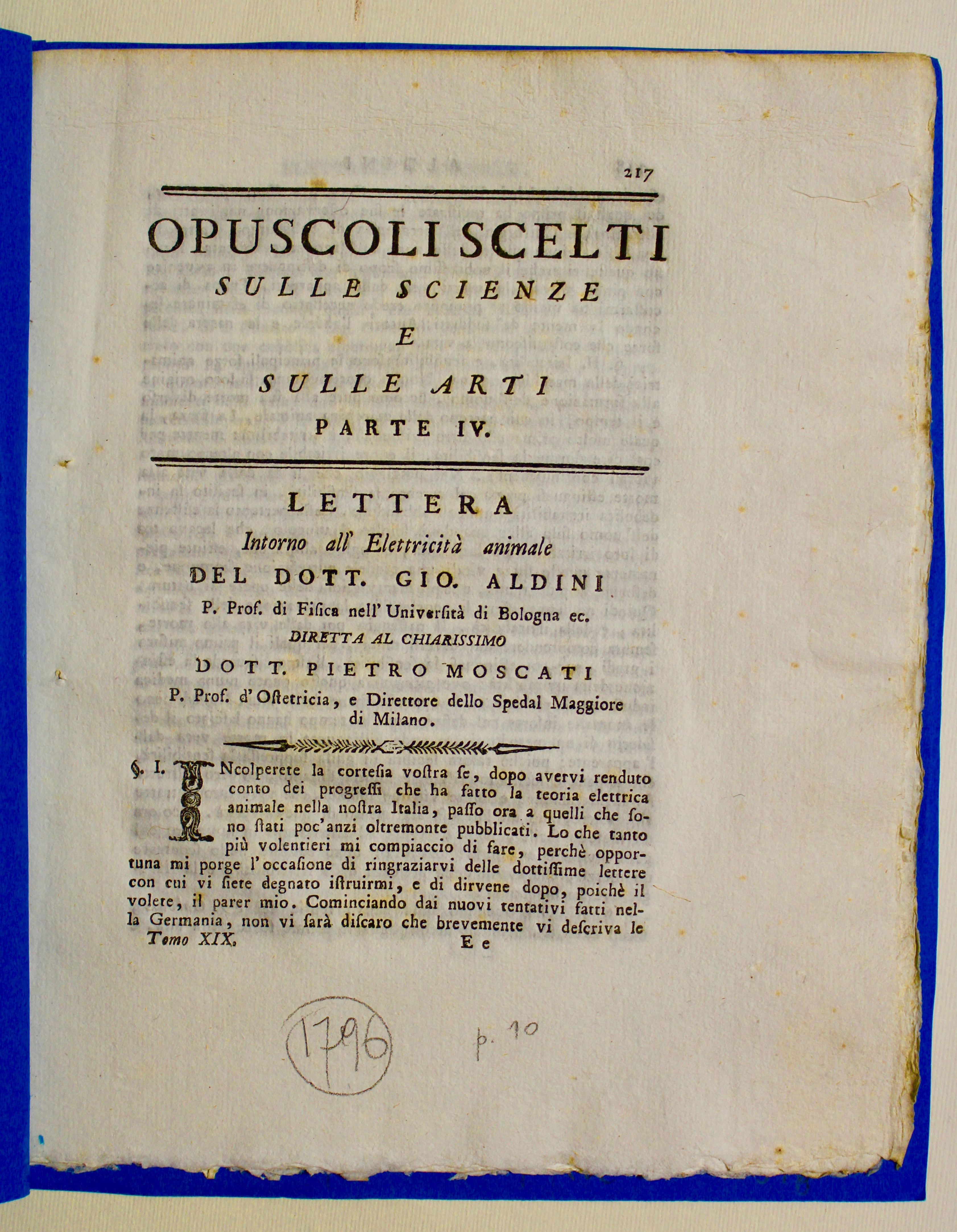 Lettera intorno all'elettricità animale…al…Dott. Pietro Moscati…