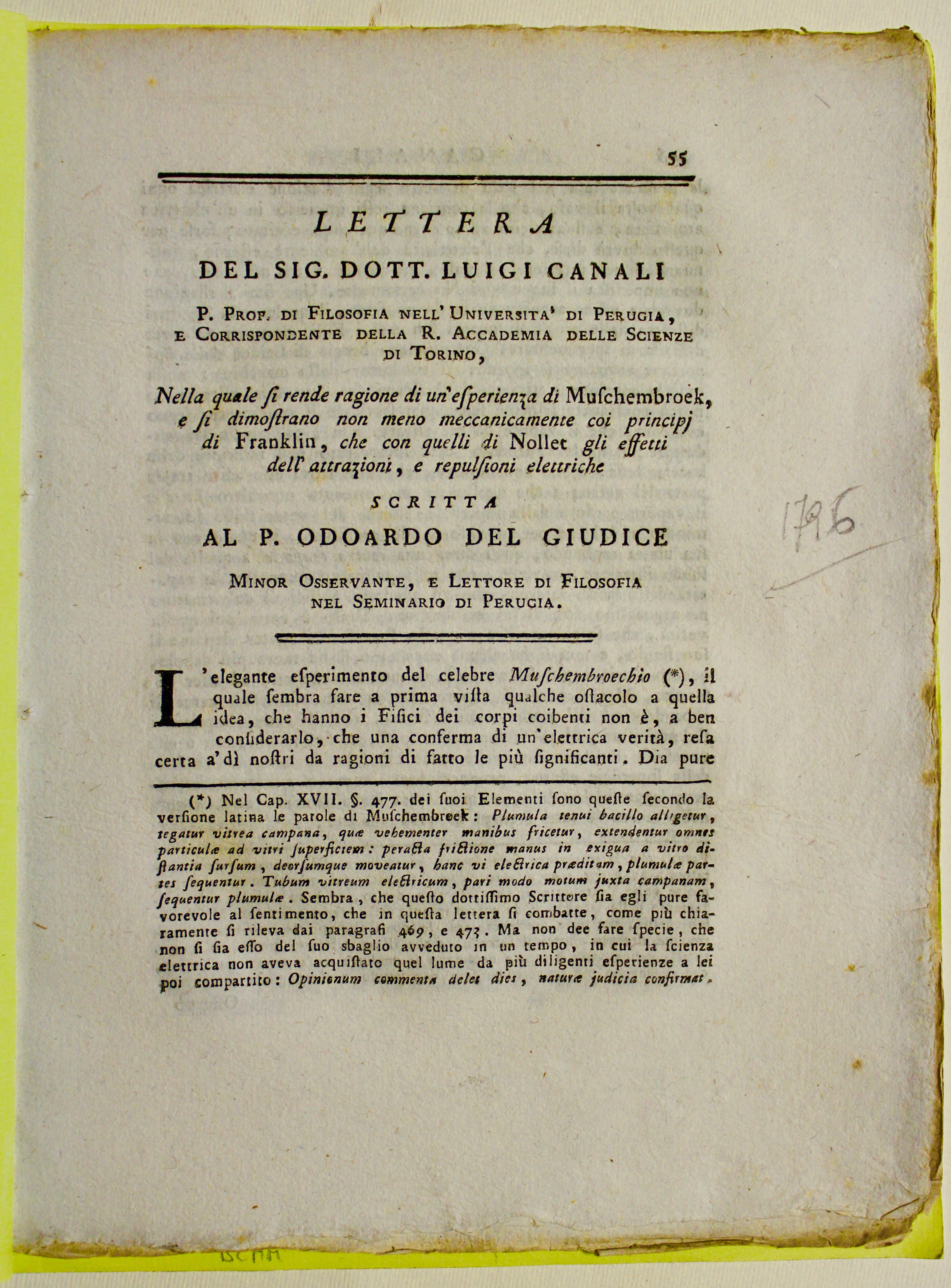 Lettera nella quale si rende ragione di un'esperienza di Muschenbroeck, …