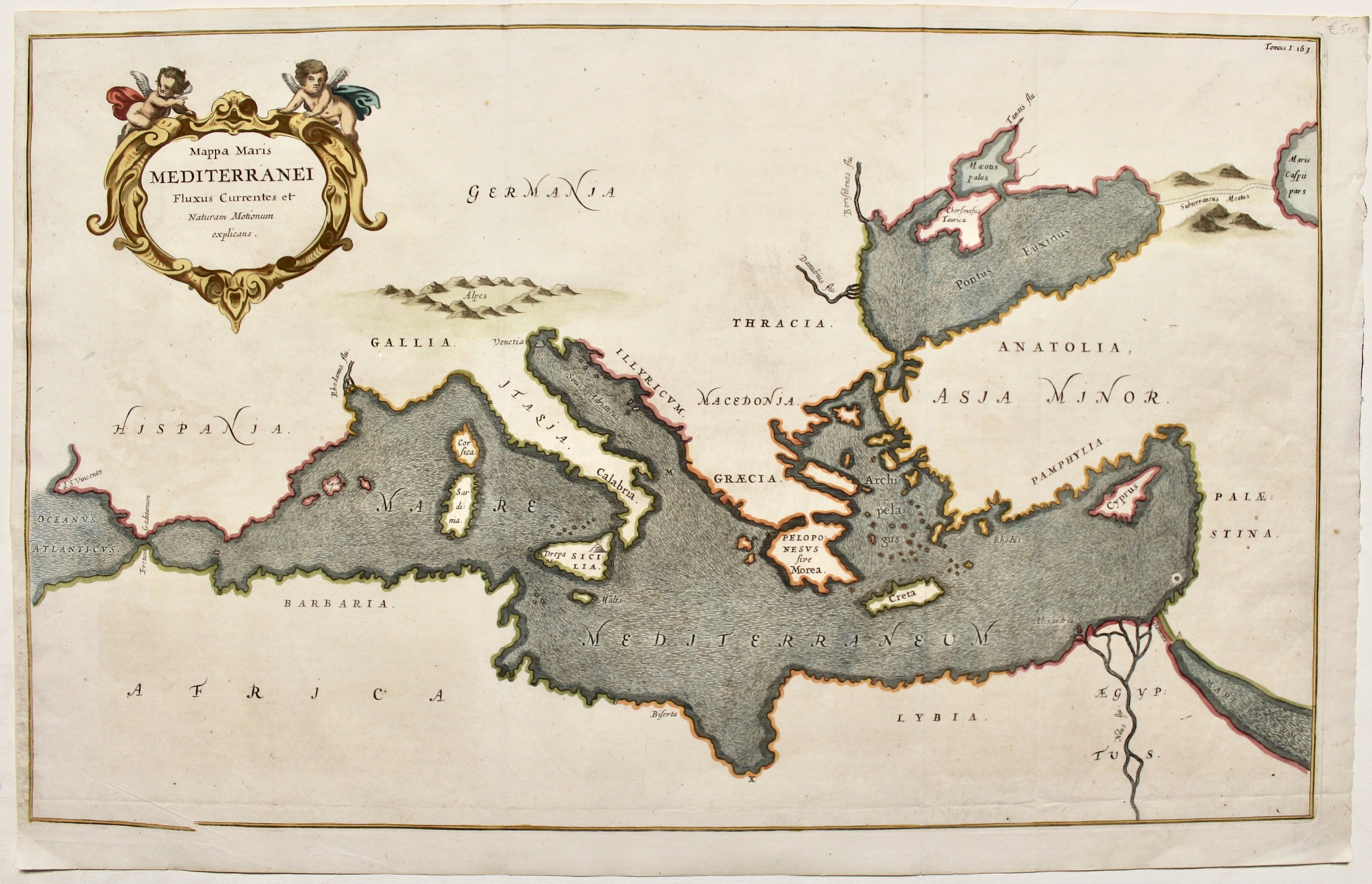 Mappa maris Mediterranei fluxus currentes et naturam motionum explicans