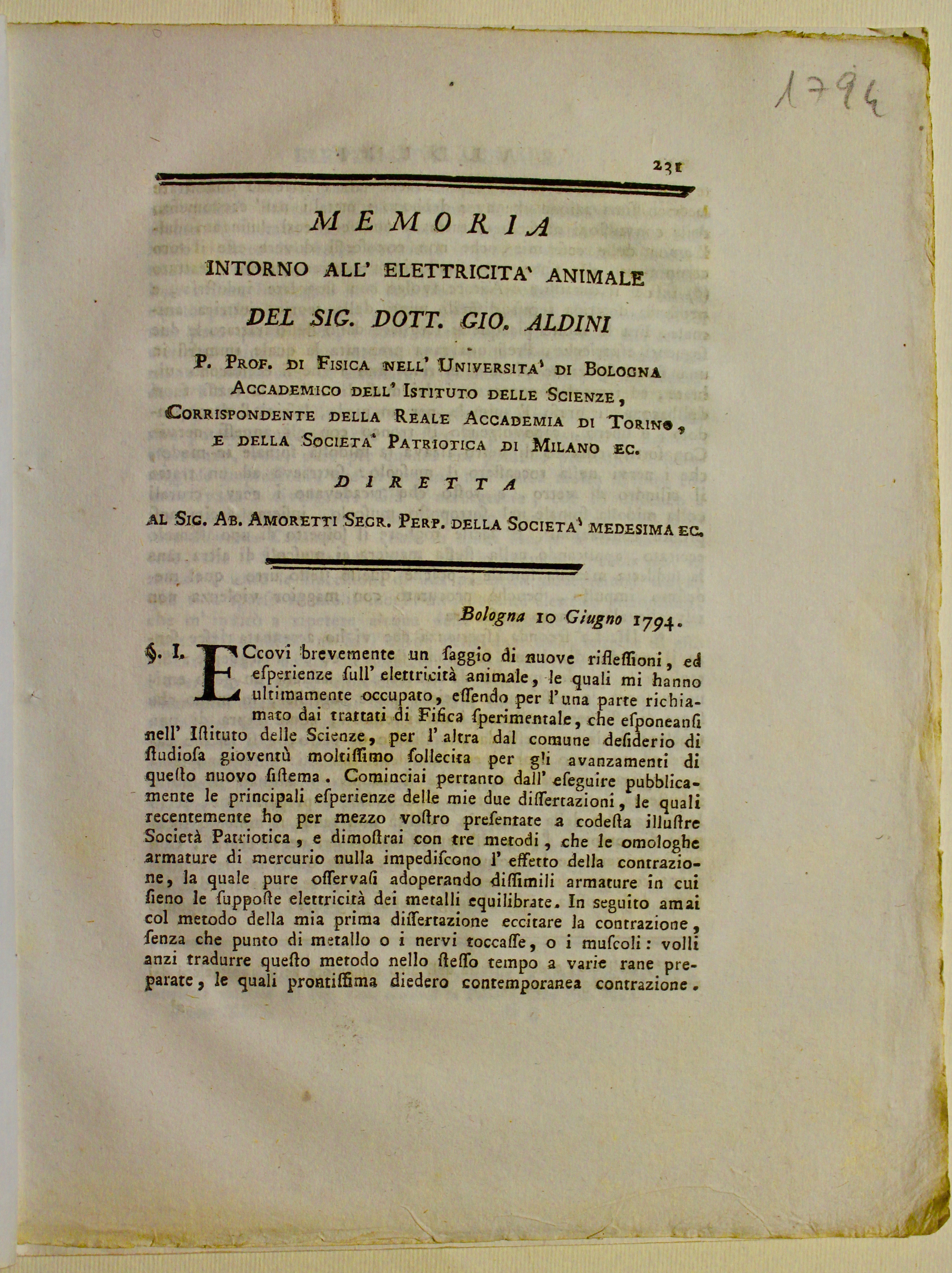 Memoria intorno all'elettricità animale…al…Sig. Ab. Amoretti…