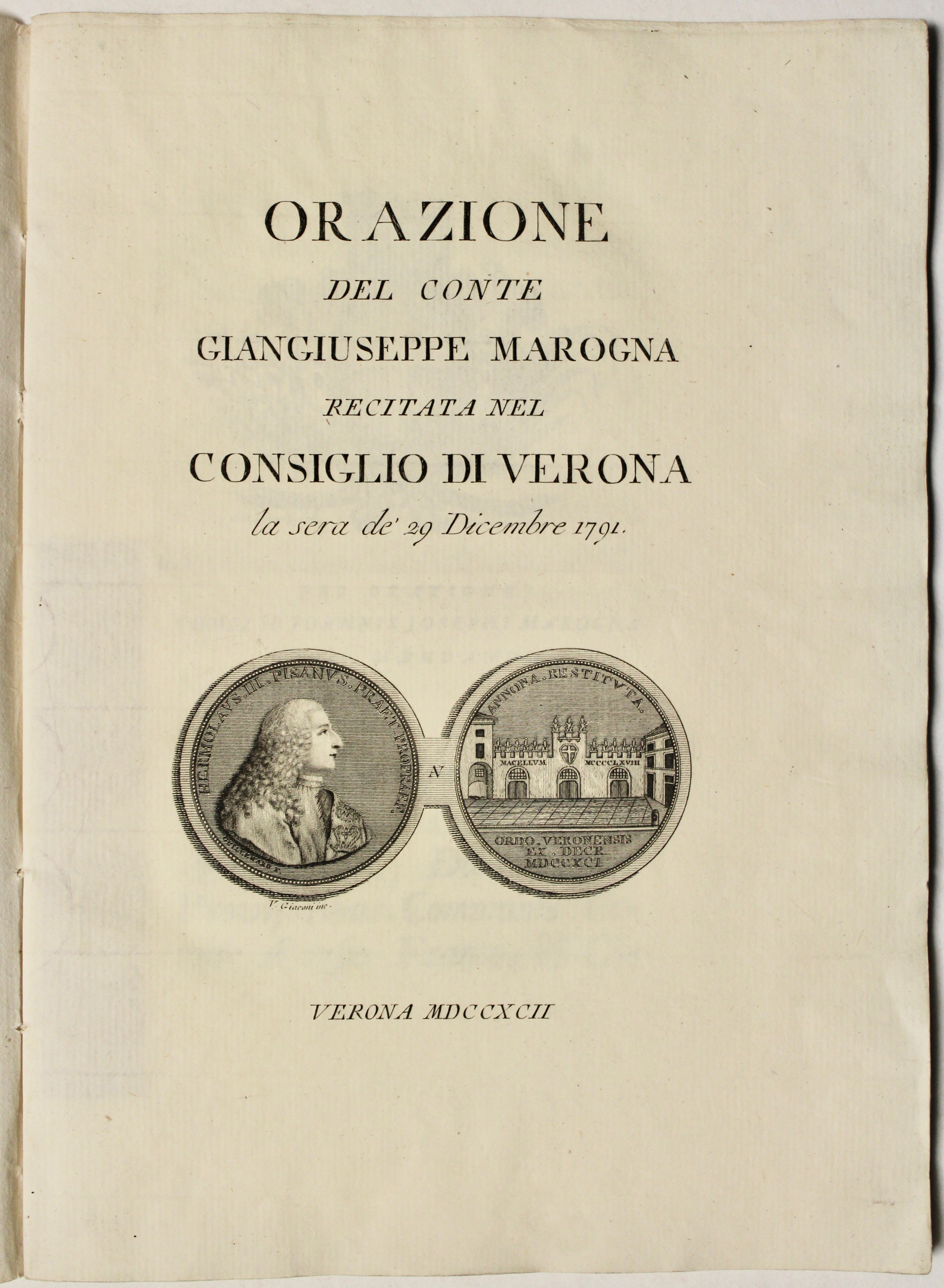 Orazione del Conte.recitata nel consiglio di Verona la sera de' …