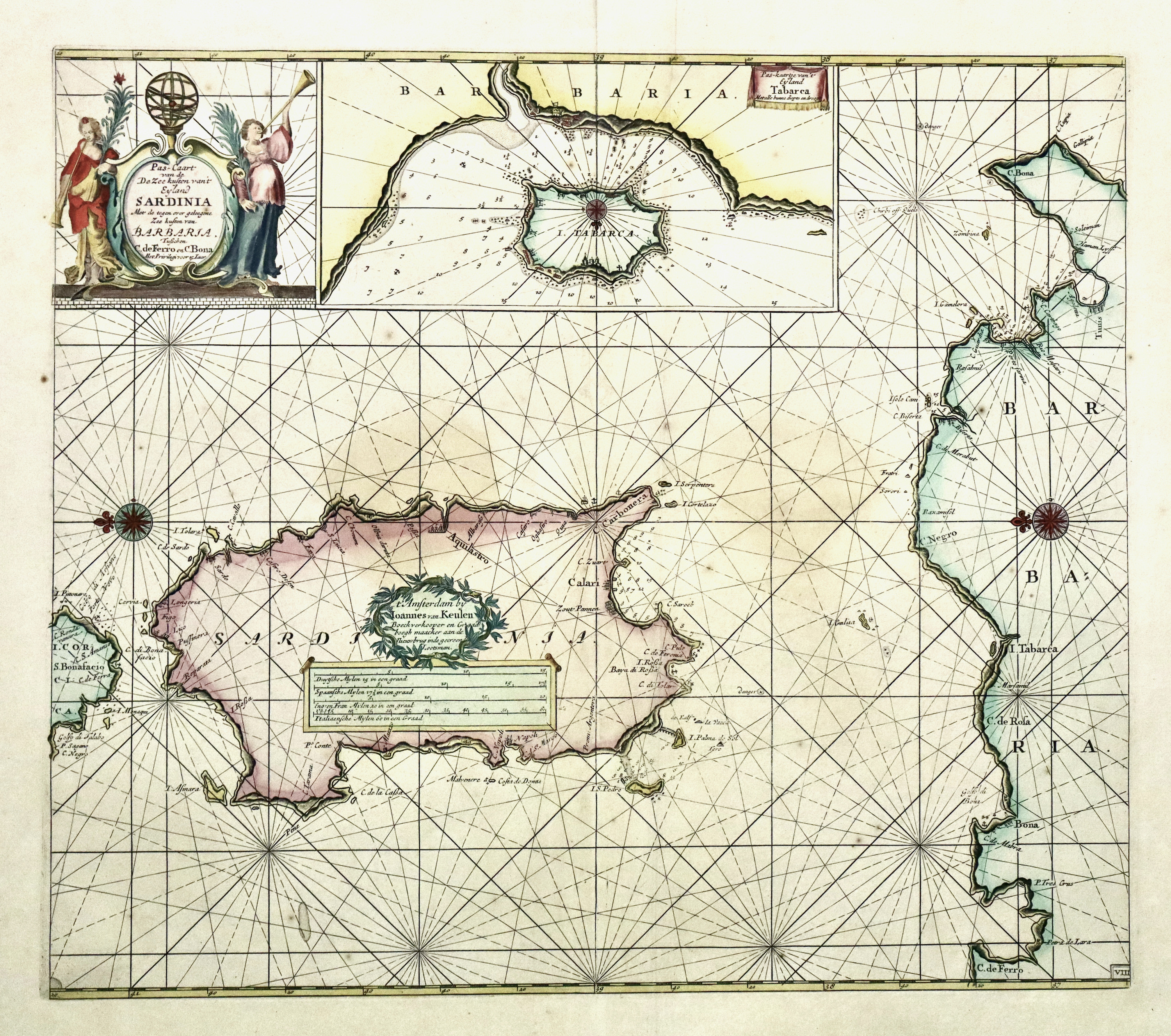 Pas-Caart van de zee kusten van't Eyland Sardinia met Barbaria…tusschen …