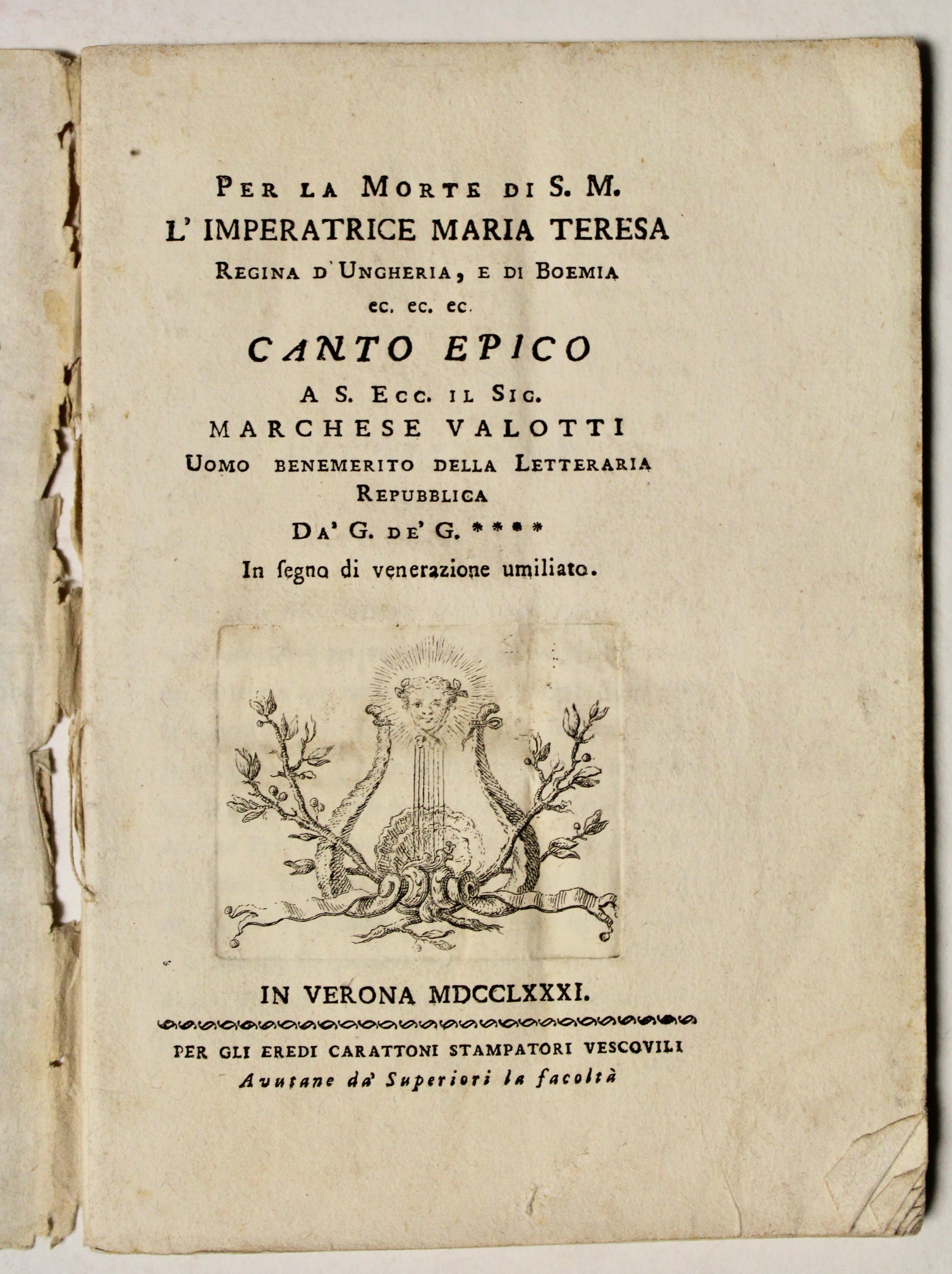 Per la Morte di S:M: l'Imperatrice Maria Teresa Regina d'Ungheria, …
