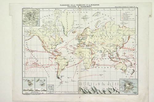 Planisfero nella proiezione di G. Mercatore. Vulcani e terremoti.
