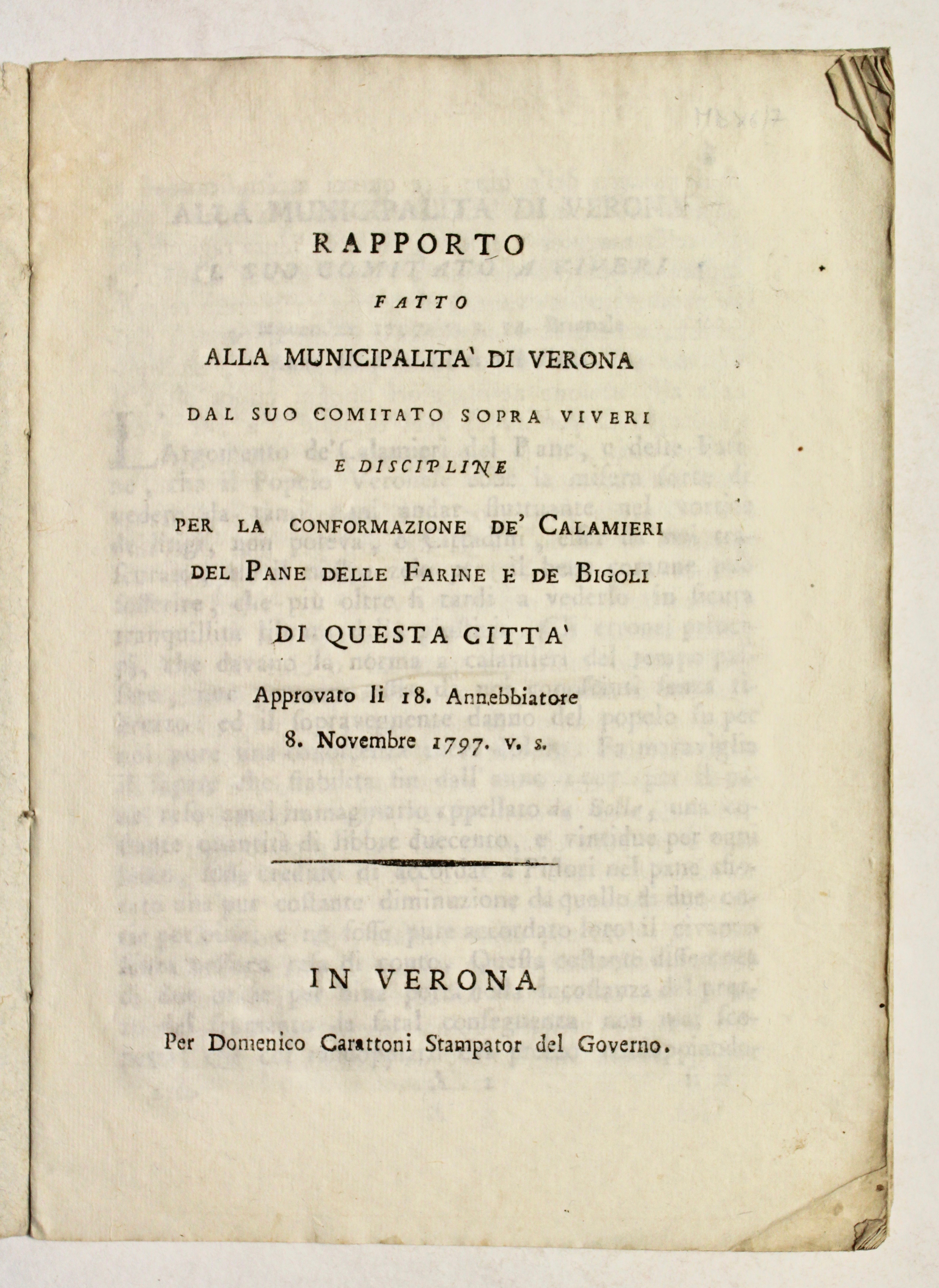 Rapporto fatto alla Municipalità di Verona dal suo comitato sopra …