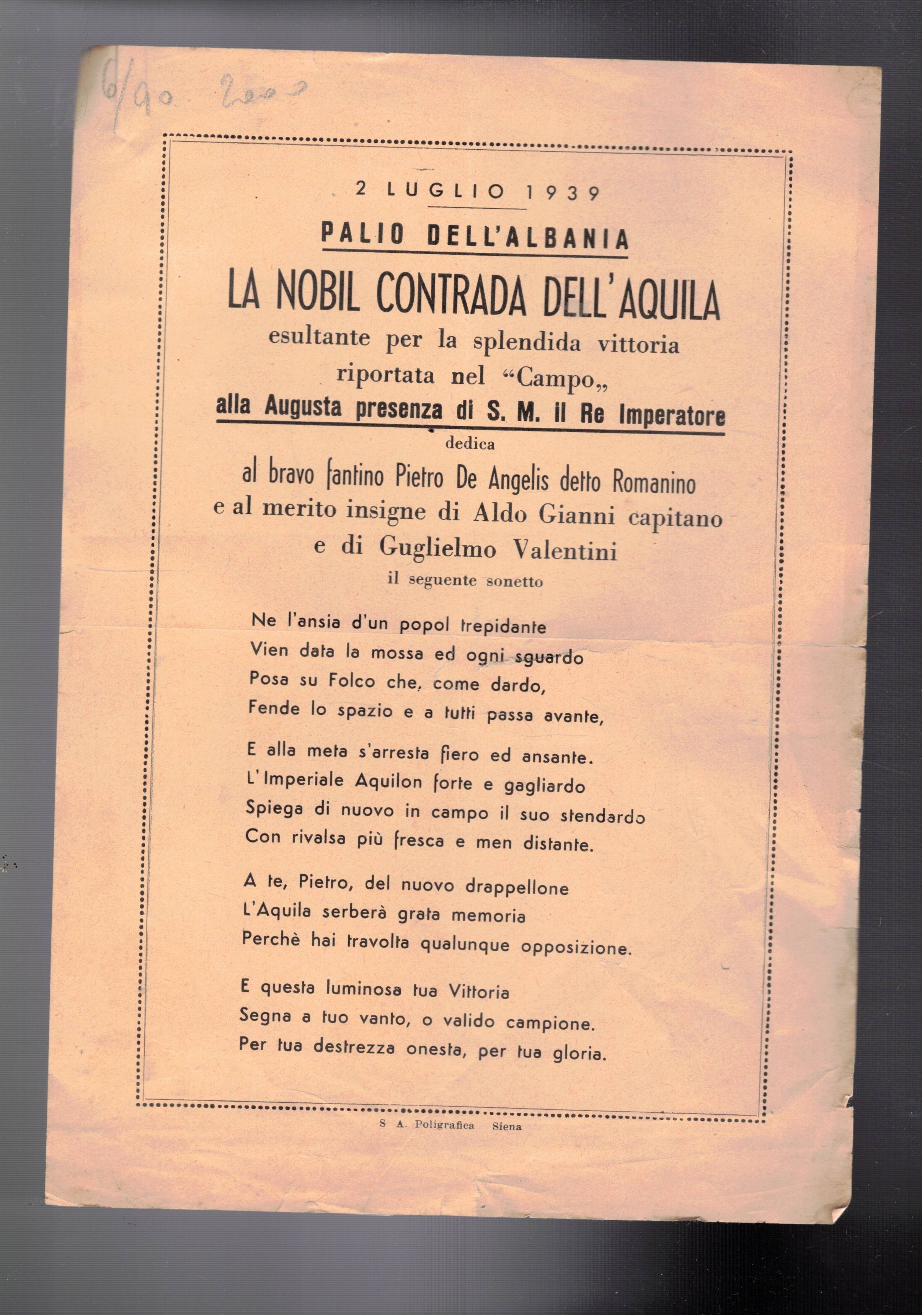 2 luglio 1939 Palio dell'Albania. La nobile contrada dell'Aquila esultante …