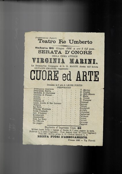 Serata d'onore della prima attrice Viginia Marini. Volantino pubblicitario della …