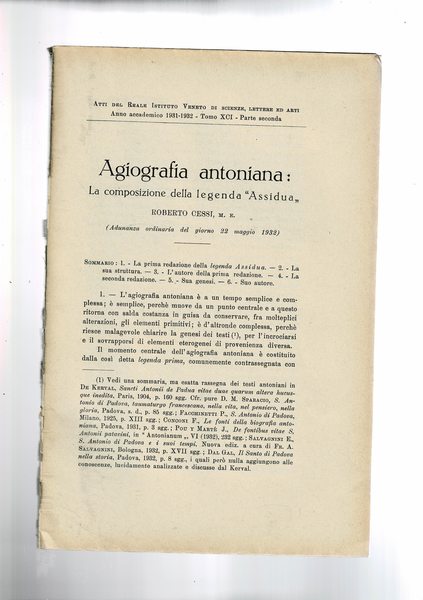 Agiografia antoniana: la composizione della leggenda "Assidua". Estratto dagli Atti …