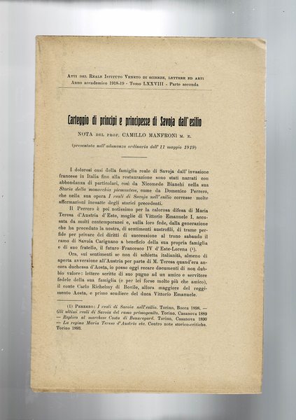 Carteggio di principi e principesse di Savoja dall'esilio. Nota. Estratto …
