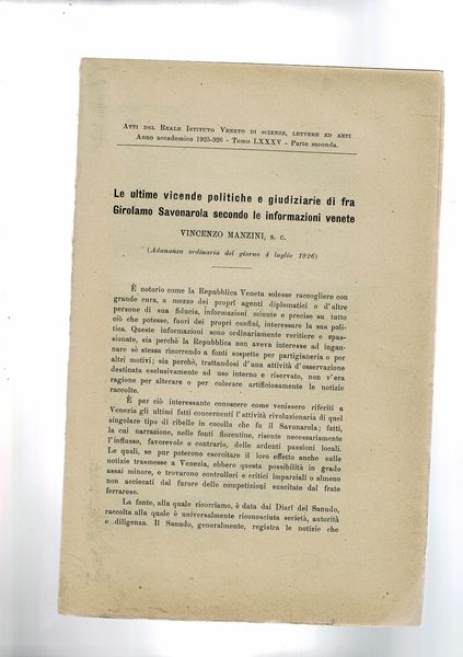 Le ultime vicende politiche e giudiziarie di fra Girolamo Savonarola …