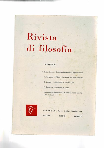 Rivista di filosofia trimestrale vol. 60° annata completa 1969. Machiavelli …