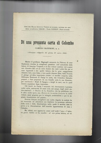 Di una presunta carta di Colombo. Estratto dagli Atti del …