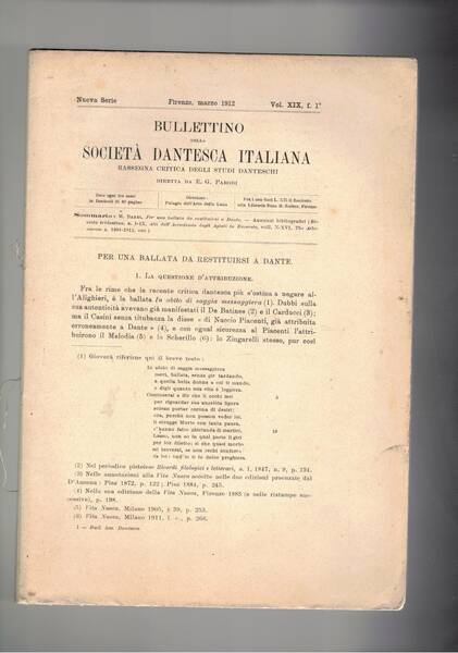Per una ballata da restituirsi a dantee. Fasc. 1° del …