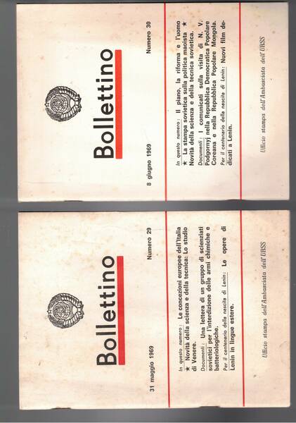 Bollettino dell'ufficio stampa dell'Ambasciata dell'Urss. Disponiamo dei n° di maggio …