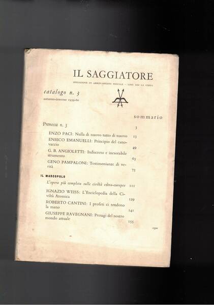 Il Saggiatore catalogo n° 3 autunno-inverno 1959-60, con commento alle …