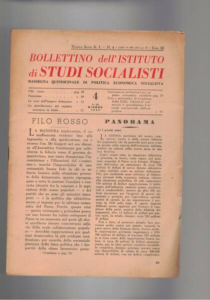Bollettino dell'istituto di studi socialisti. Rassegna quindicinale di politica economia …