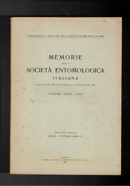 Memorie della società entomologica italiana vol. XXXII - 1953. Cronologia …