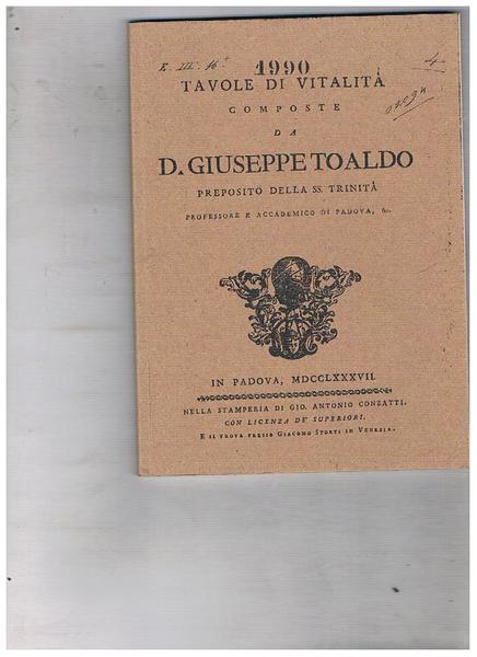 1990 tavole di vitalità. Ristampa anastatica dell'edizione del 1787.