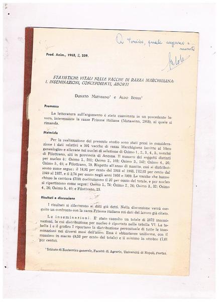 Statistiche vitali nelle vacche di razza marchigiana: inseminazione, concepimenti, aborti. …