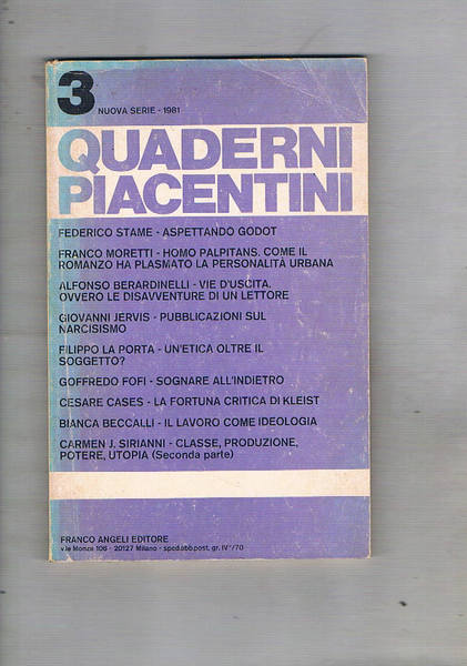 Quaderni Piacentini nuova serie 1981 n° 3. Jervins G. pubblicazioni …
