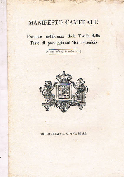 Manifesto camerale, Portante notificanza della tariffa della Tassa di passaggio …