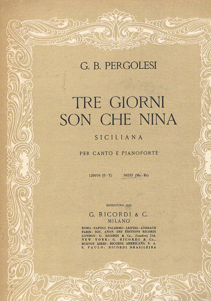 Tre giorni son che nina. Sicliana per canto e pianoforte.