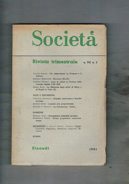 Società: rivista trimestrale anno VII n° 3 sett. 1951. Tre …
