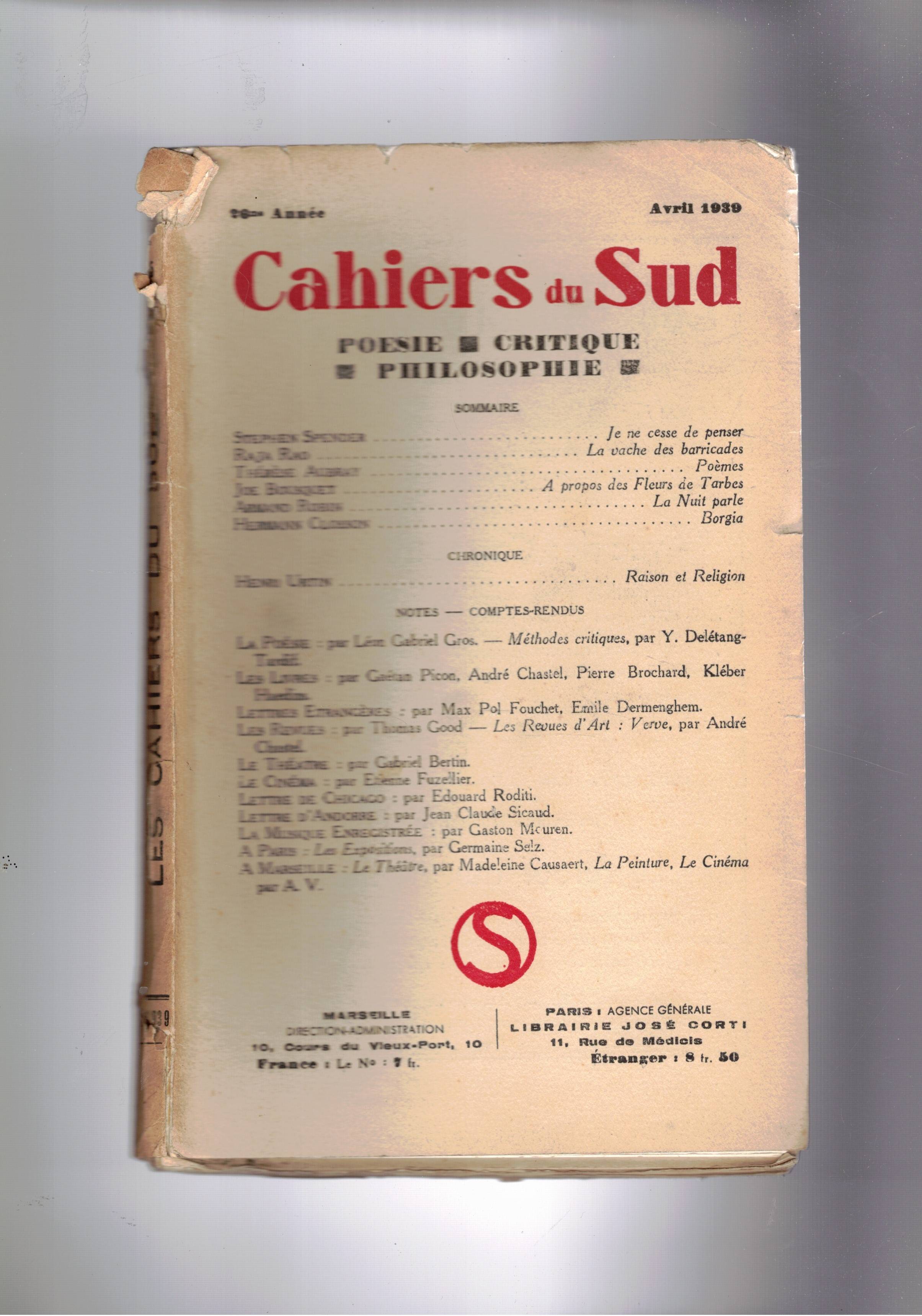 Cahiers du Sud. mensile Poesia, critica filosofia. n° di avril. …