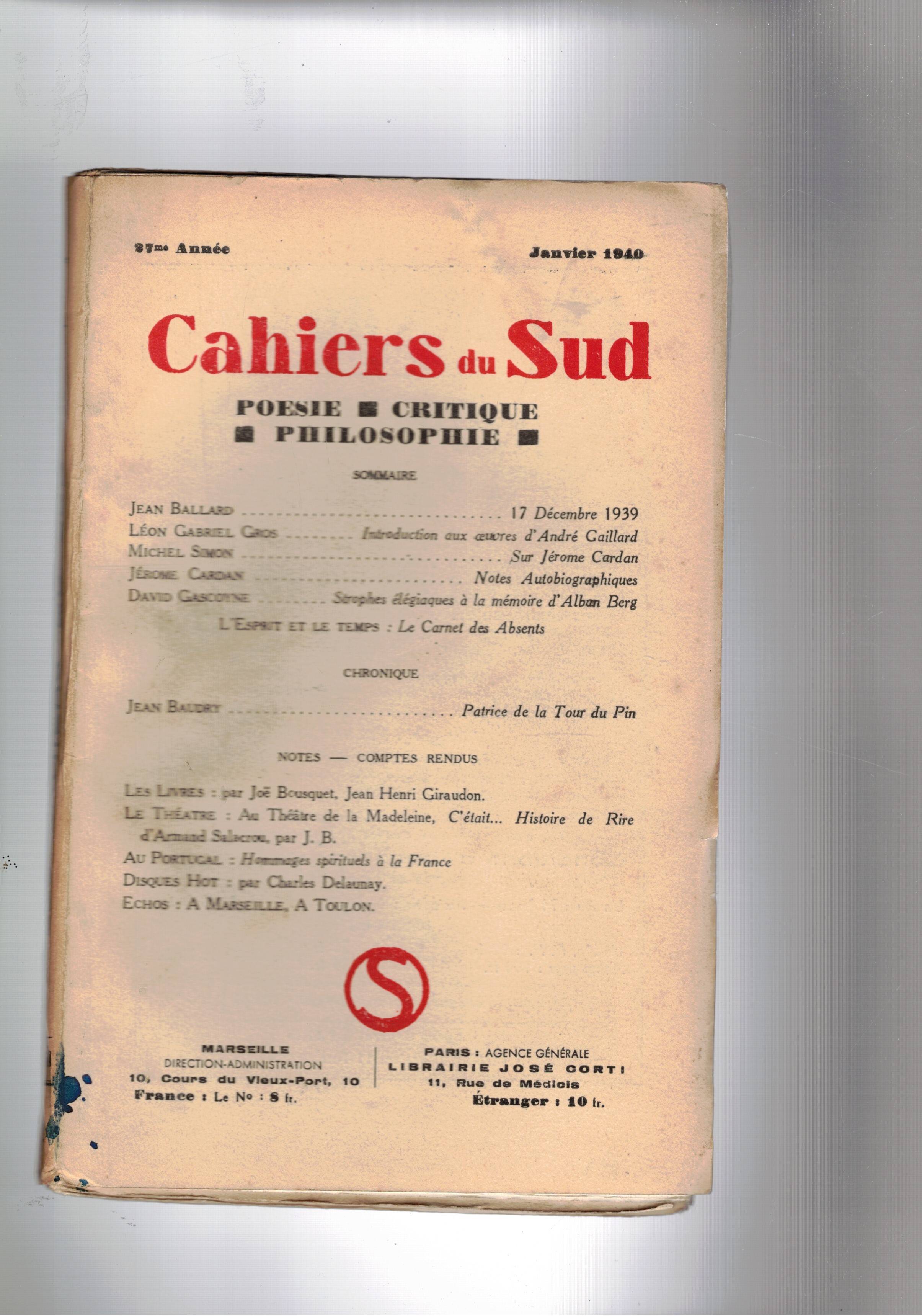 Cahiers du Sud. mensile Poesia, critica filosofia. n° di janvier. …