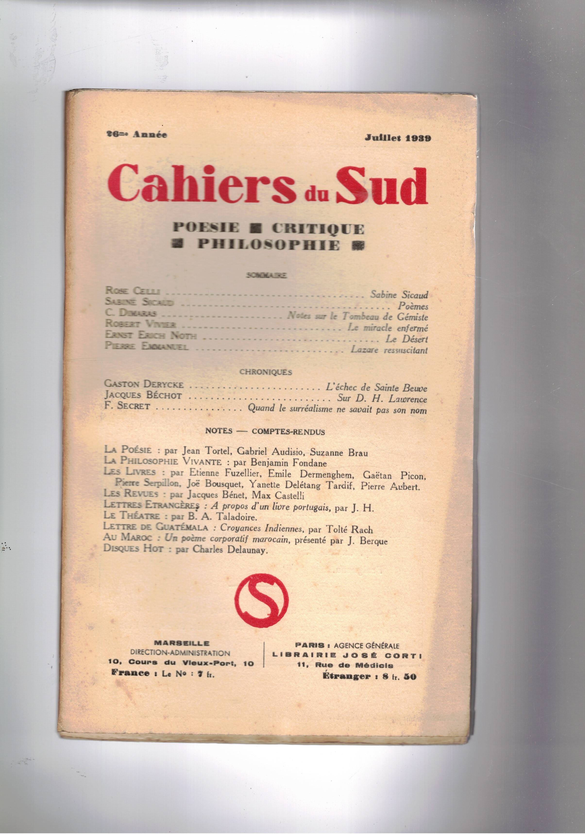 Cahiers du Sud. mensile Poesia, critica filosofia. n° di juillet. …