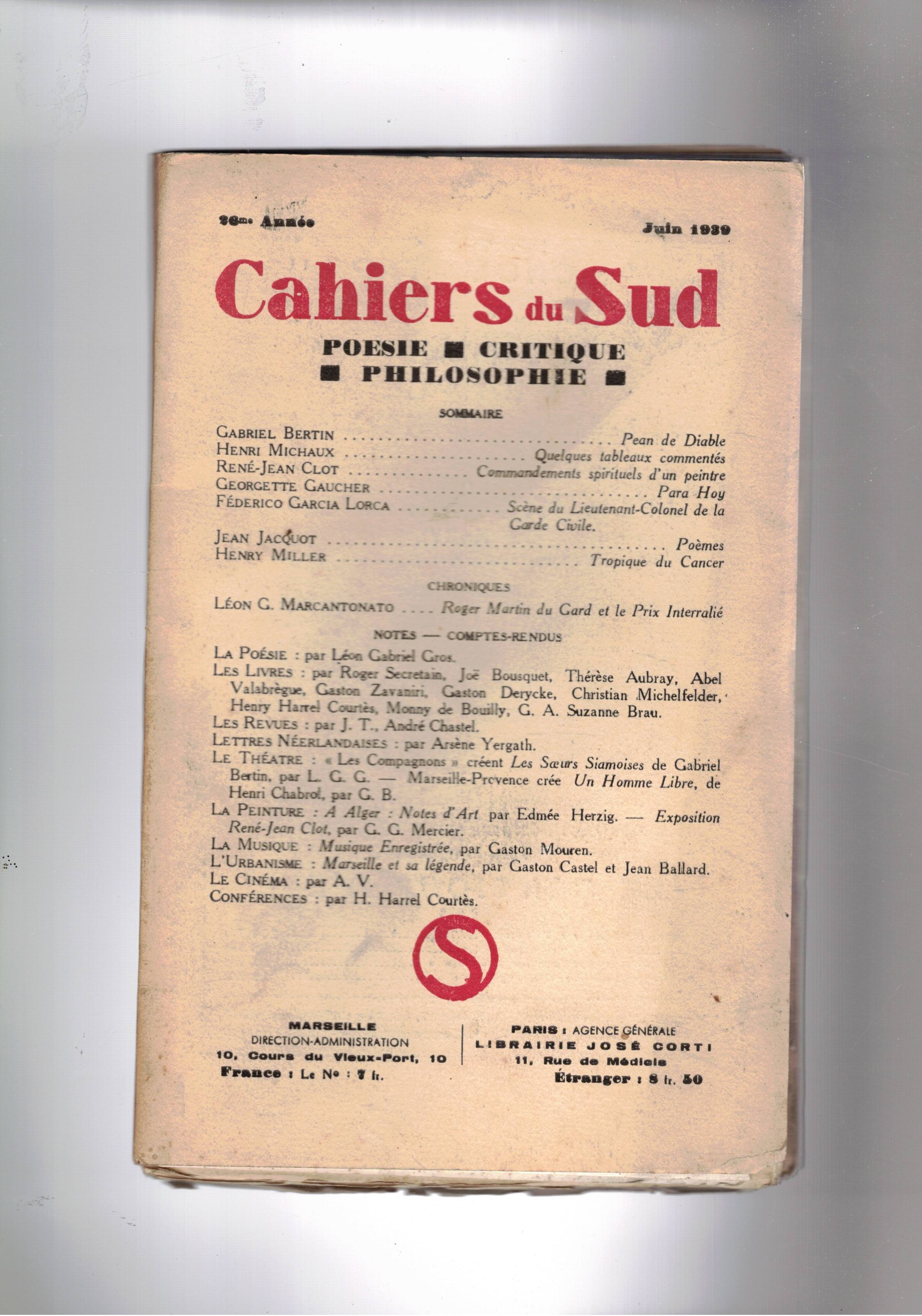 Cahiers du Sud. mensile Poesia, critica filosofia. n° di juin. …