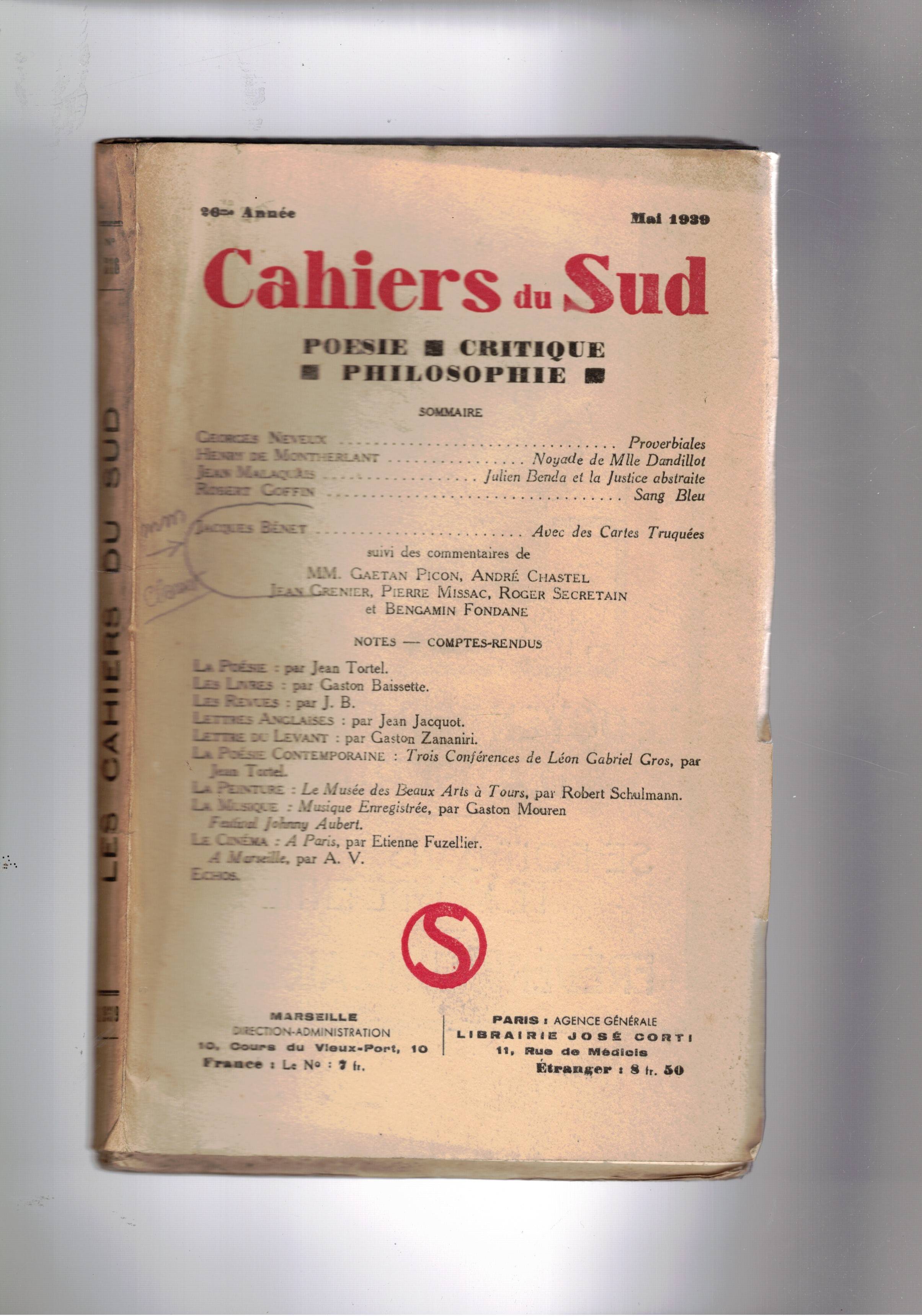 Cahiers du Sud. mensile Poesia, critica filosofia. n° di mai. …