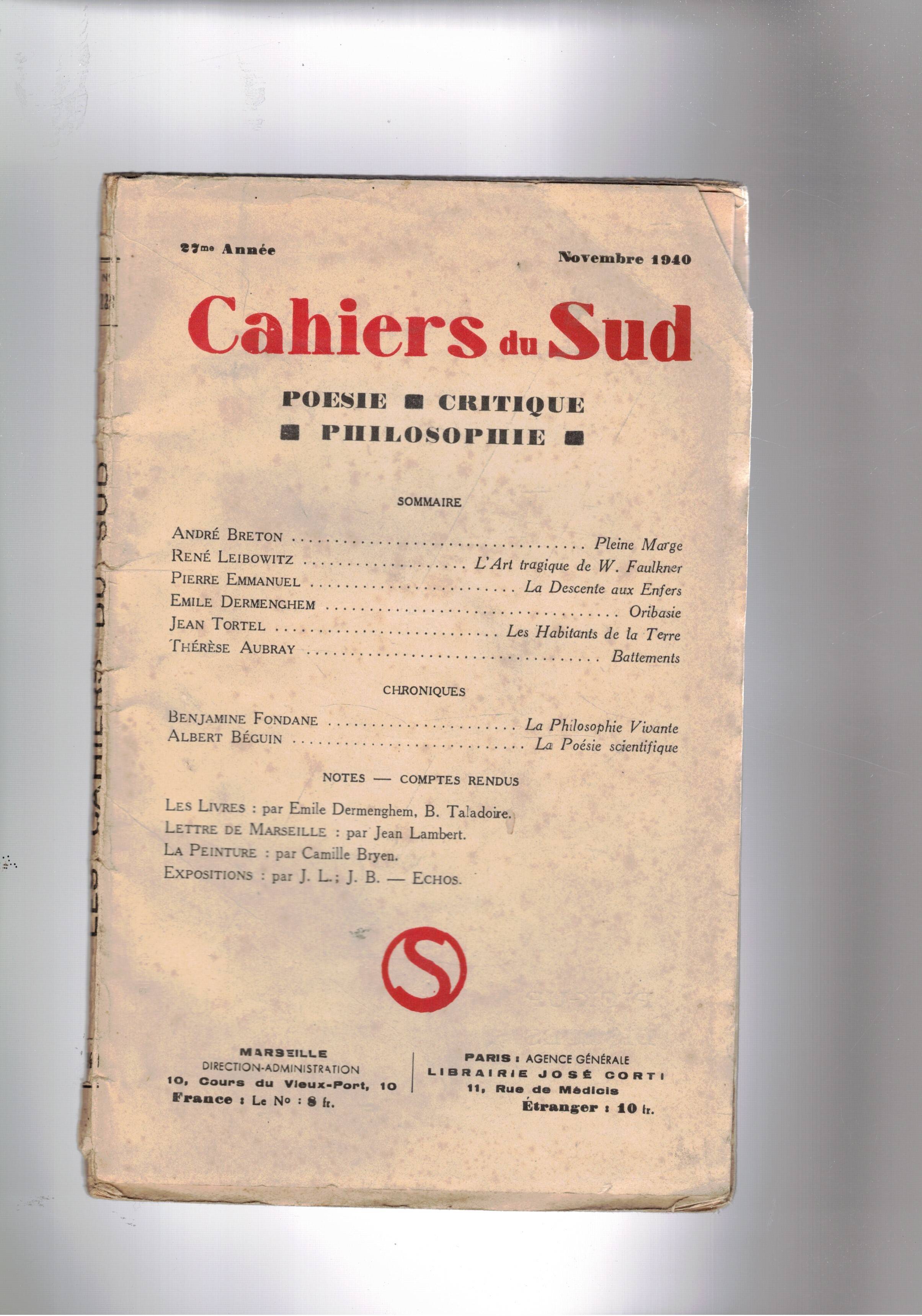 Cahiers du Sud. mensile Poesia, critica filosofia. n° di nov. …