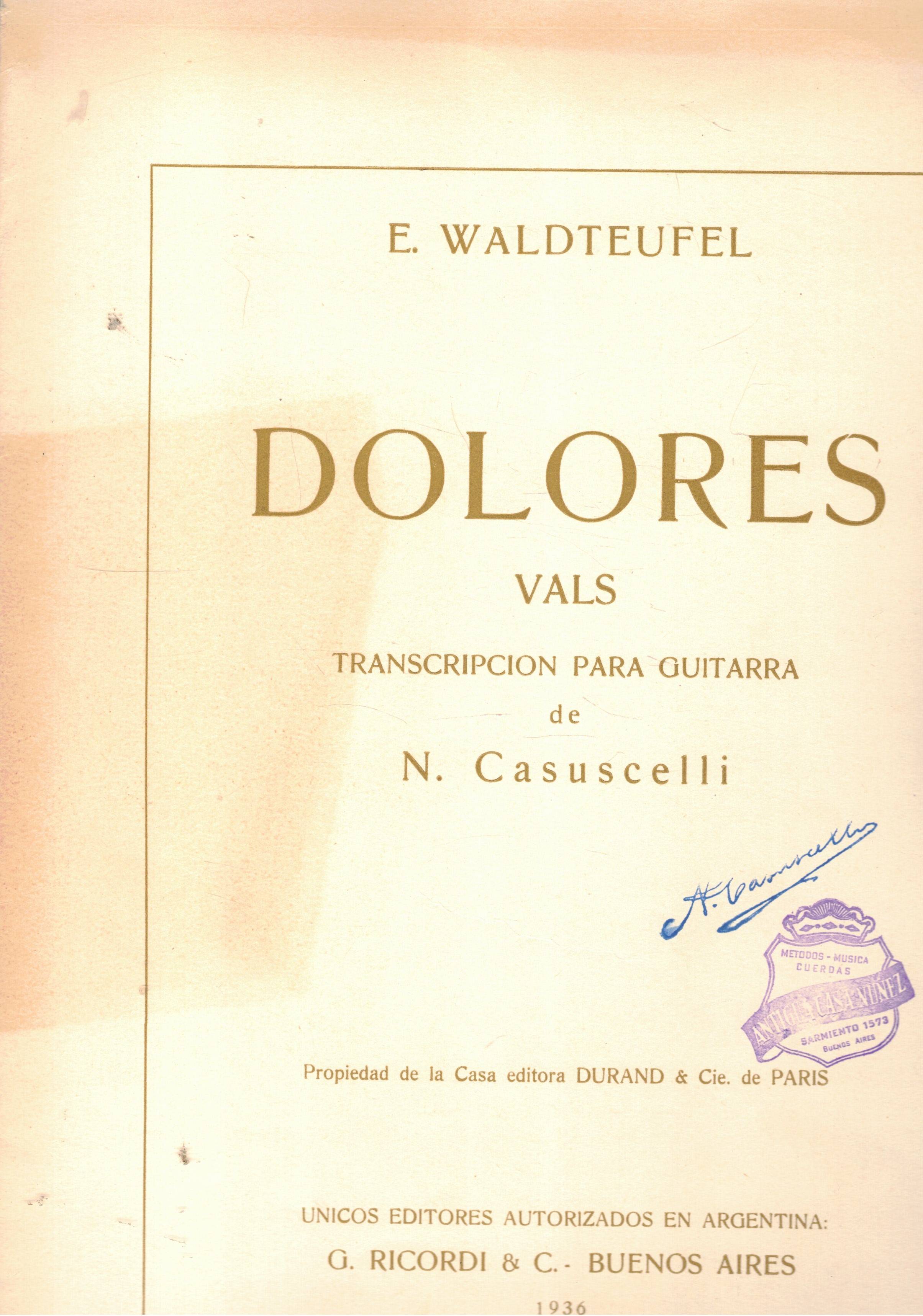 Dolores vals transcription para guitarre de N. Casuscelli.