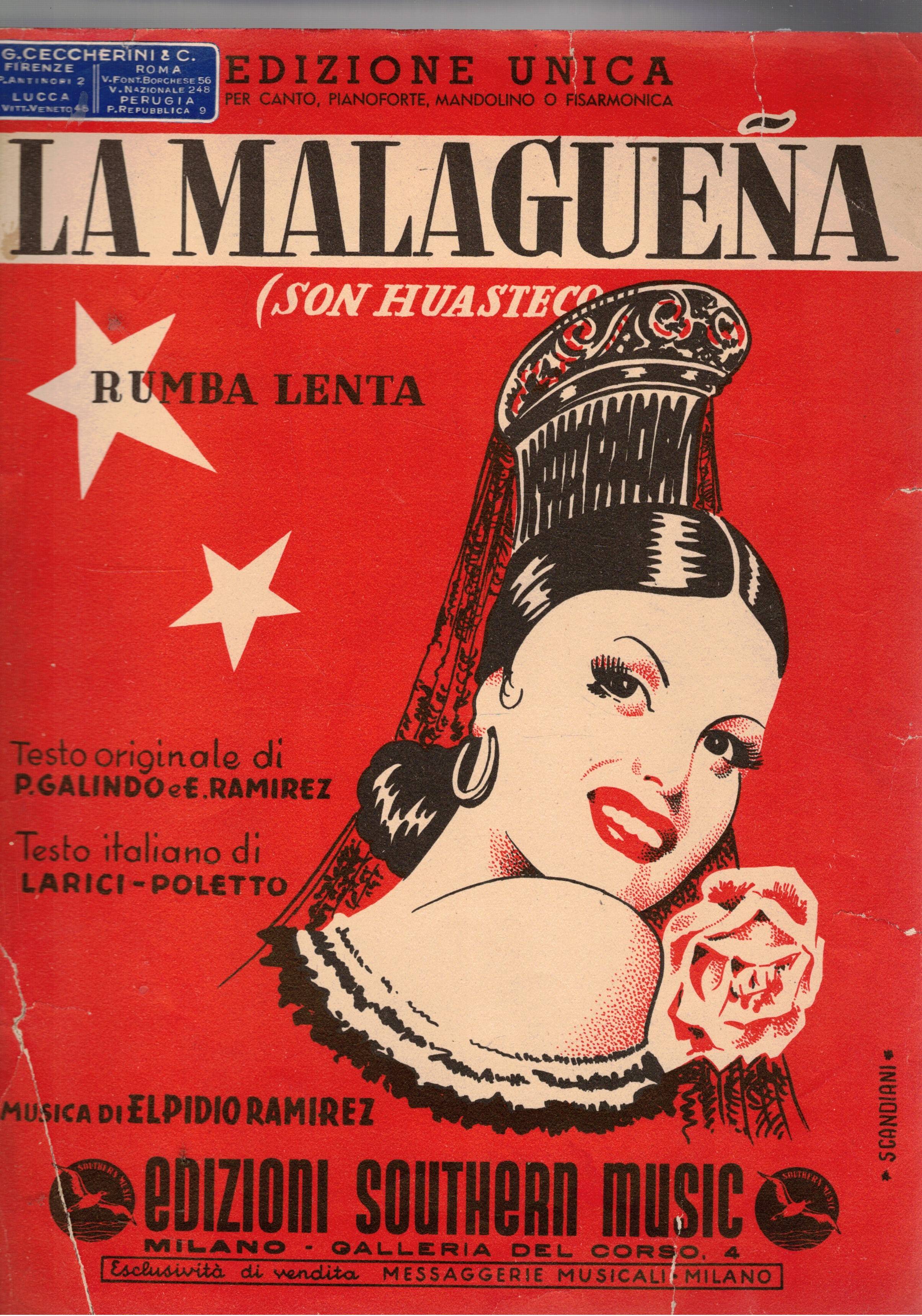 La malaguena, rumba lenta. Edizione per canto e pianoforte mandolino …