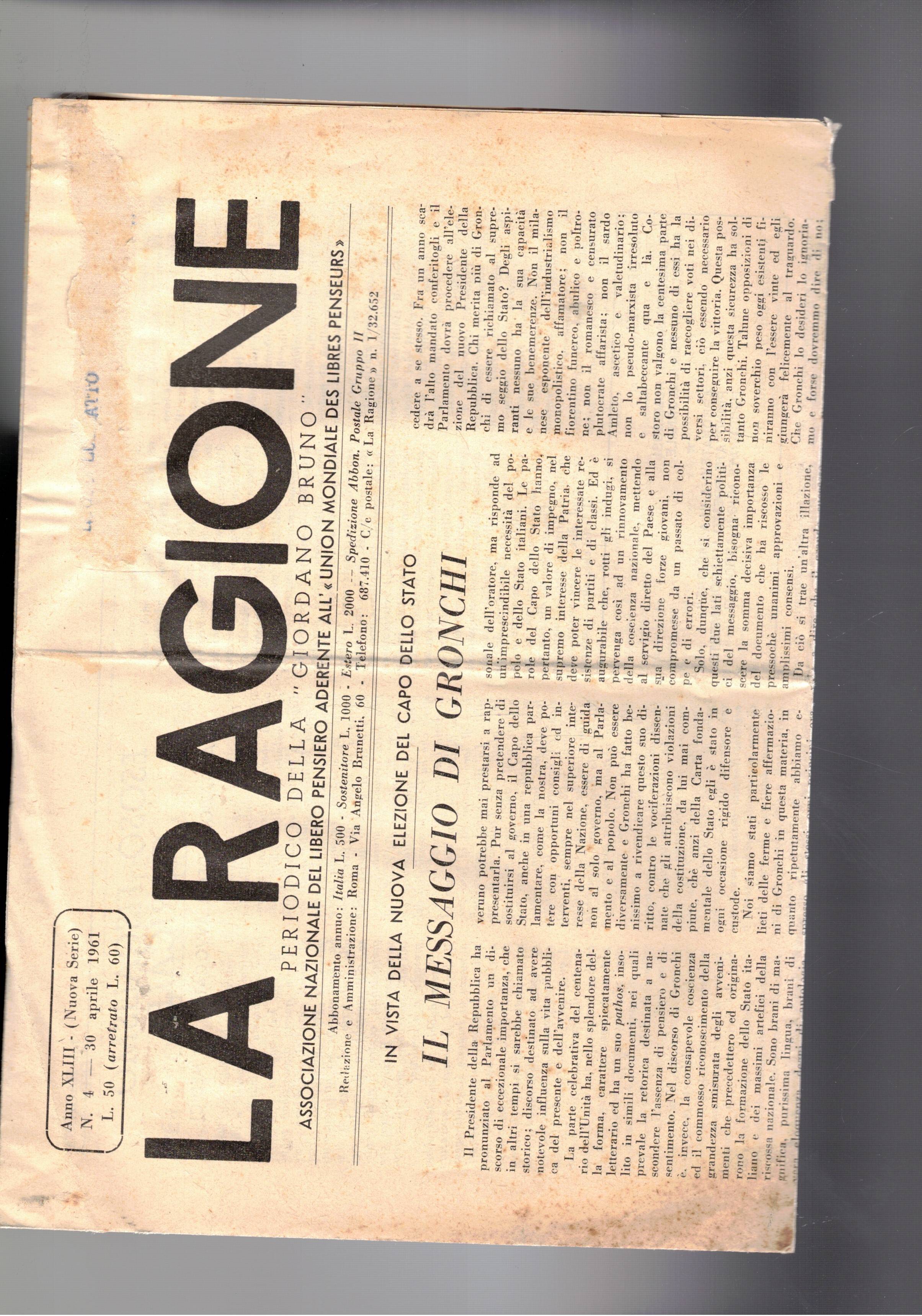 La Ragione, periodico della "Giordano Bruno" dell'associazione nazionale del libero …