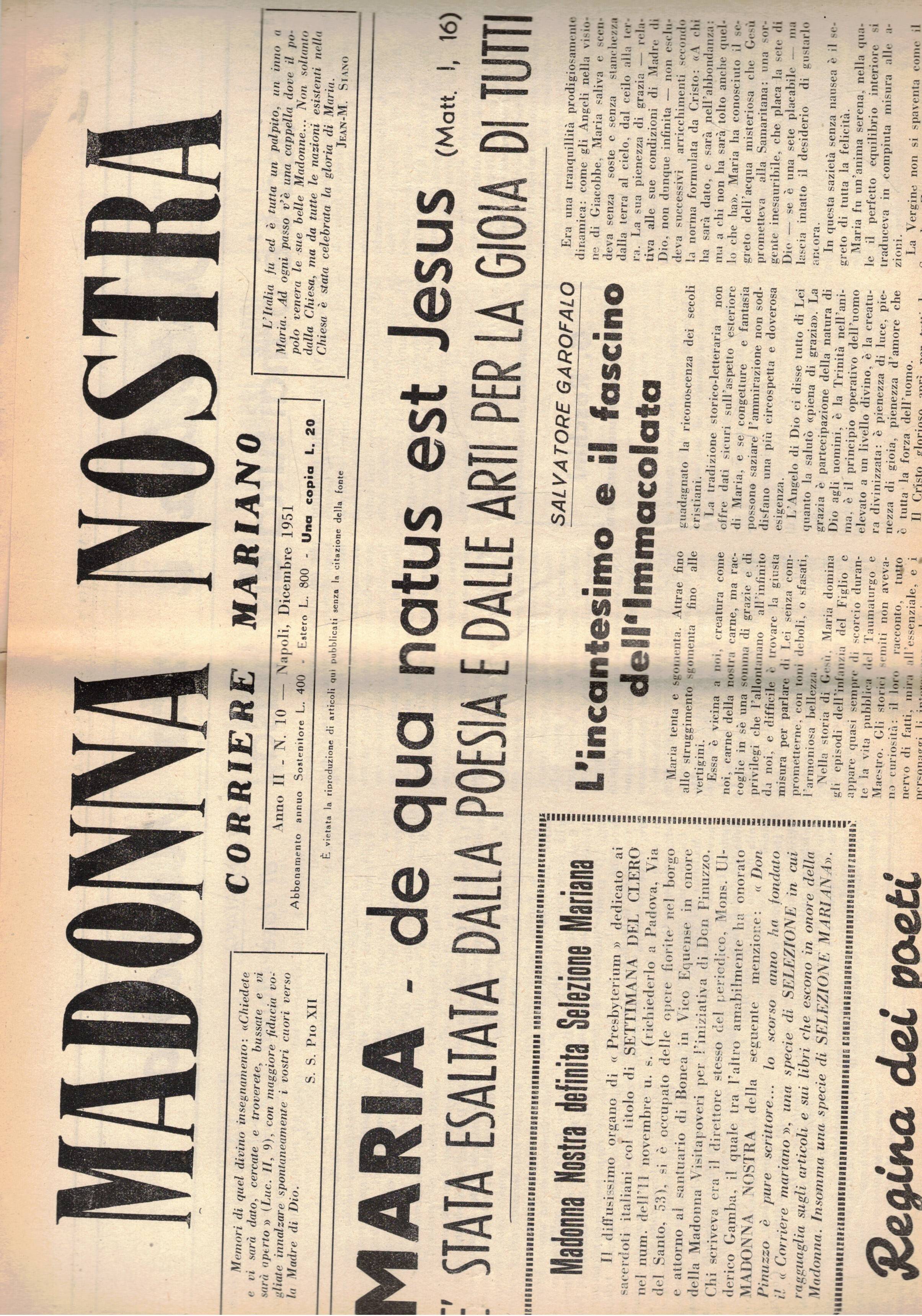 Madonna Nostra, corriere Mariano. Mensile disponiamo dell'anno II° 1952 completo …