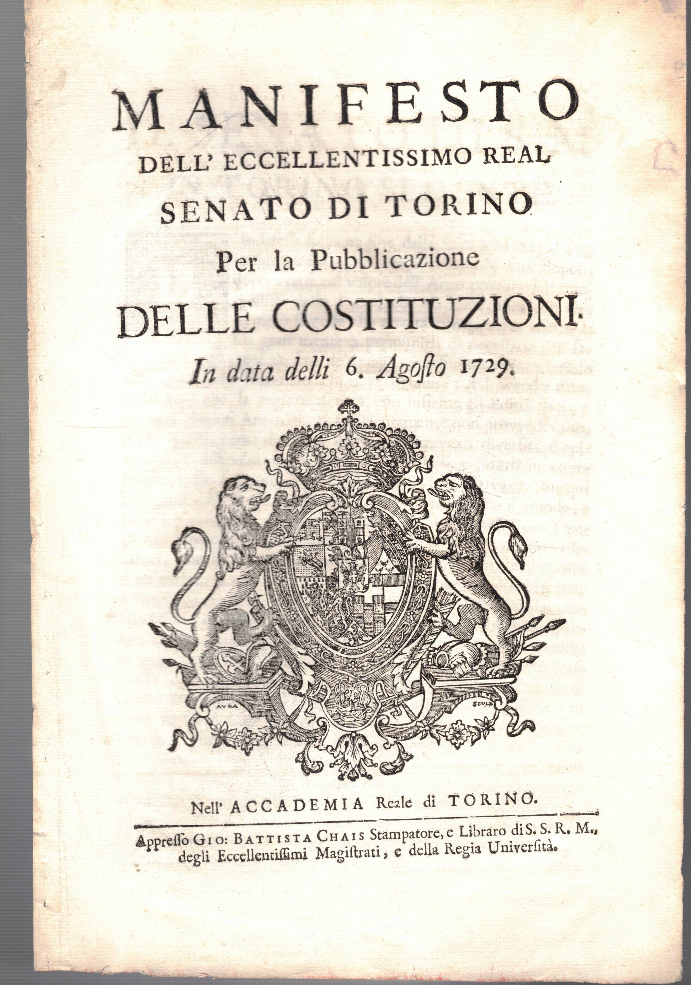 Manifesto dell'eccellentissimo Real Senato di Torino per la pubblicazione delle …