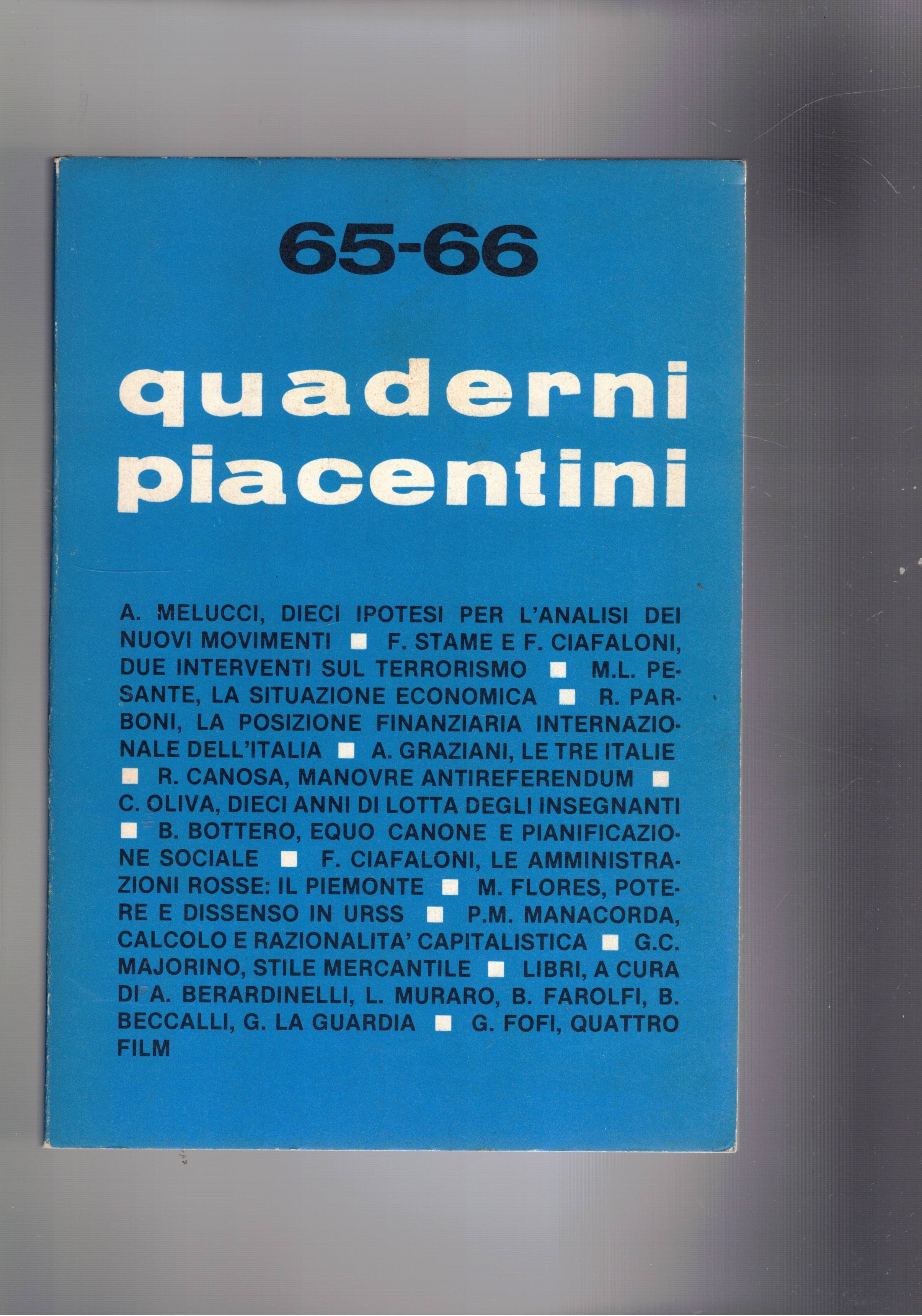 Quaderni Piacentini, bimestrale n° doppio 65-66 febbraio 1978.