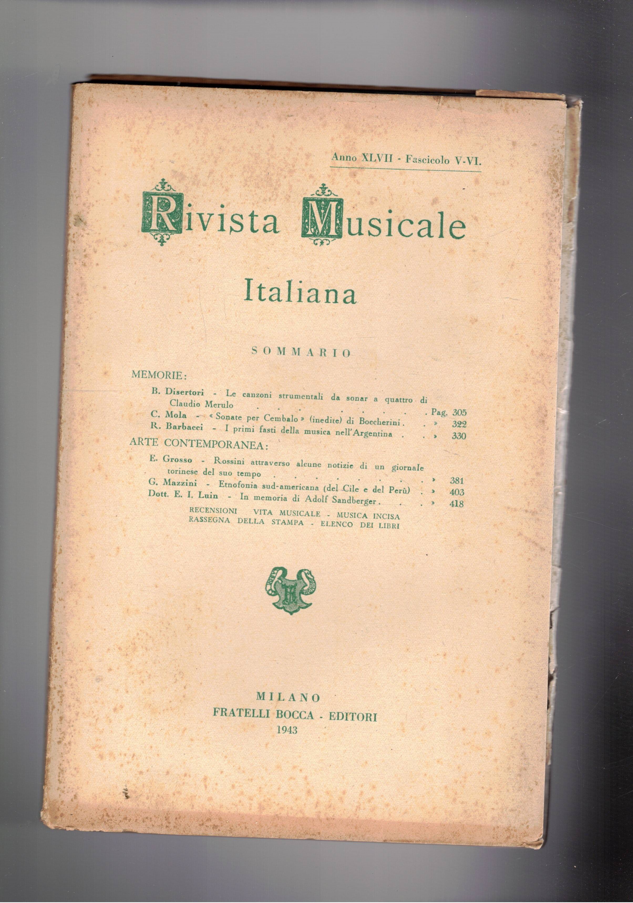 Rivista musicale italiana, bimestrale, anno XLVII del 1943. sei numeri …