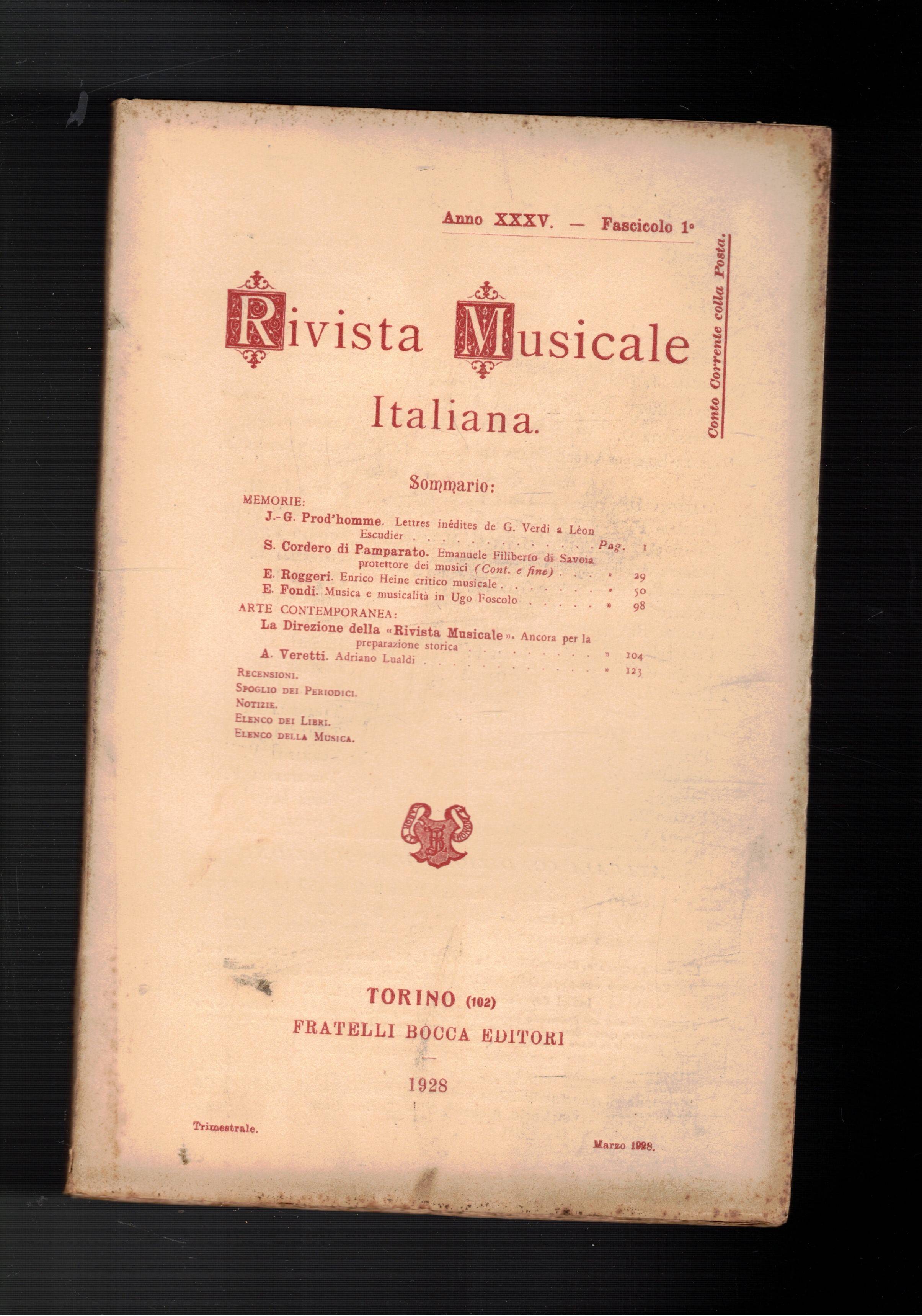 Rivista musicale italiana, trimestrale, anno XXXV del 1928. Lettres inédites …
