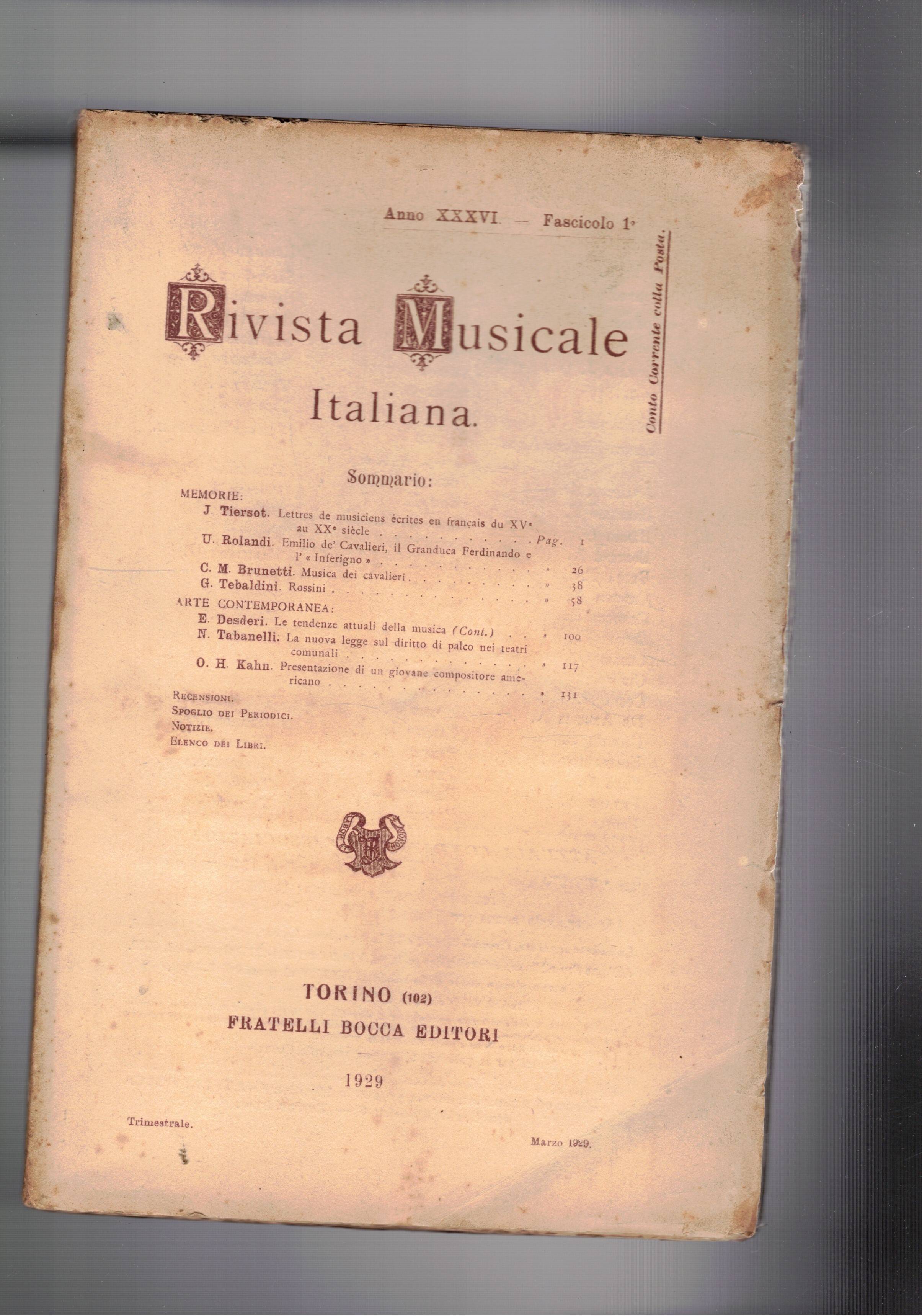 Rivista musicale italiana, trimestrale, anno XXXVI del 1929. Rossini di …