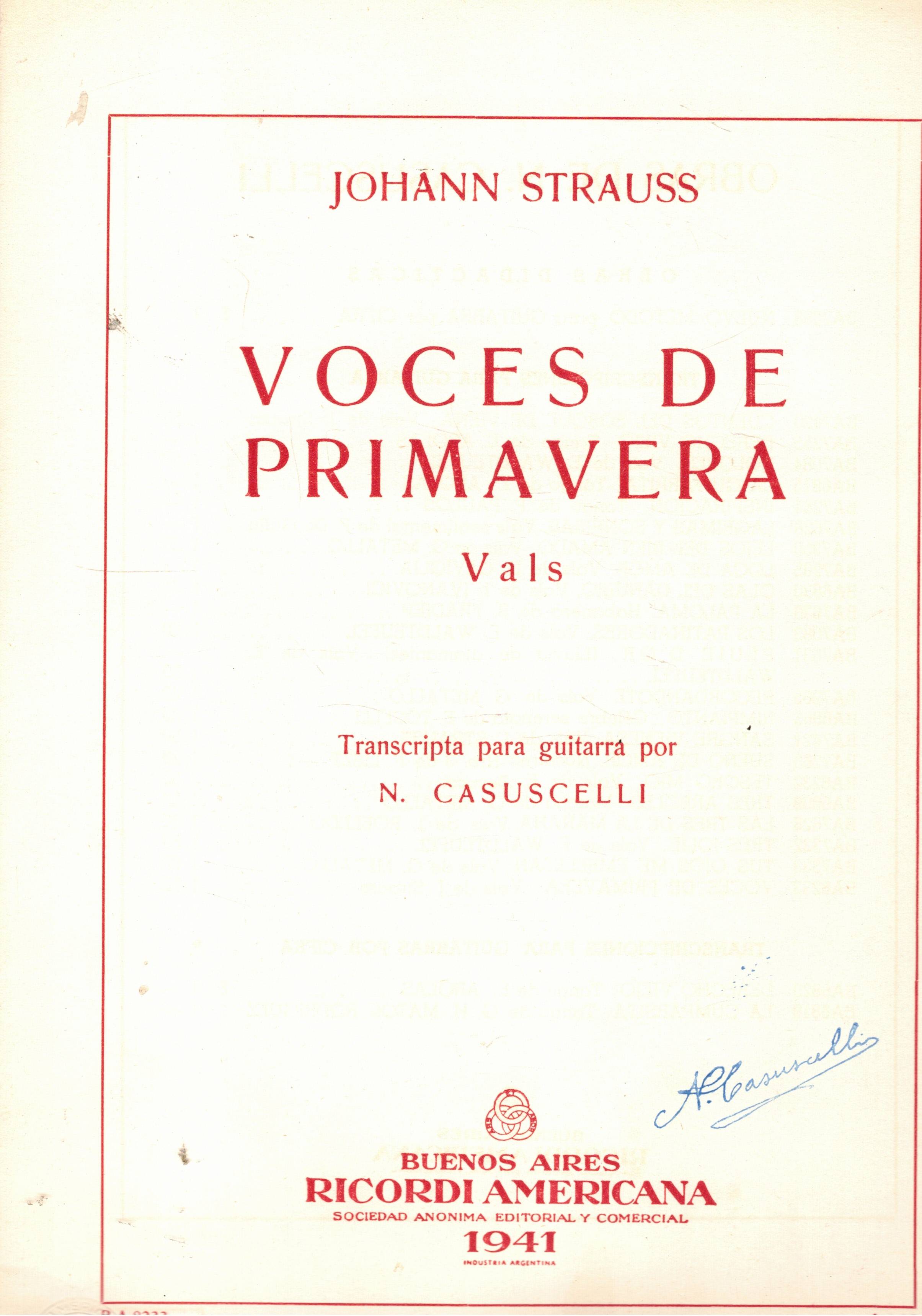 Voces de primavera vals (op. 410). Transcripta para guitarra por …