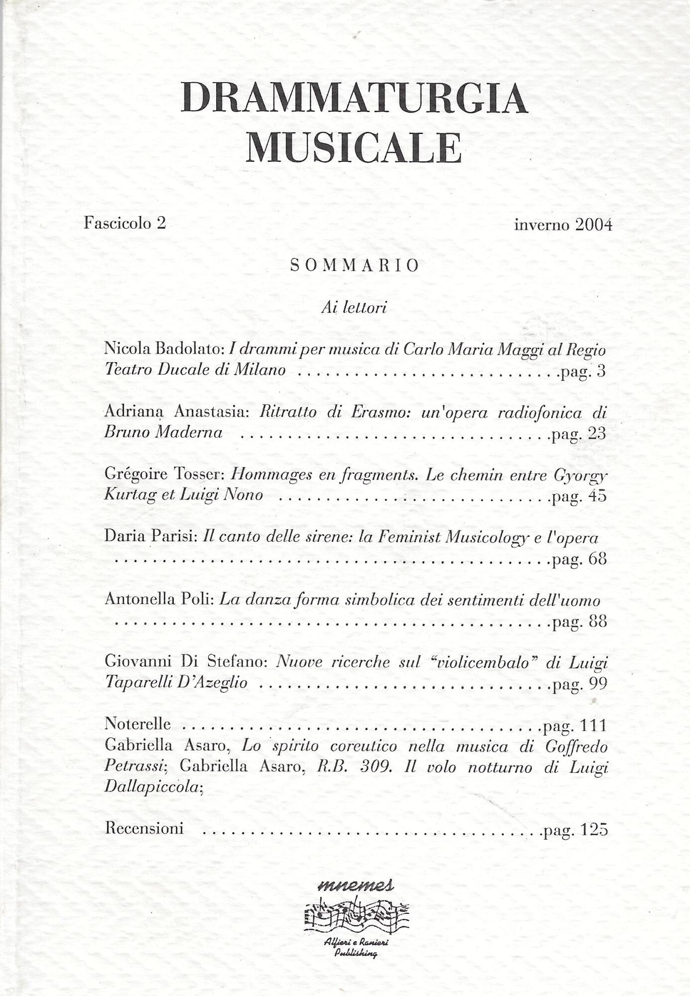 Drammaturgia musicale e altri studi: fascicolo 2, inverno 2004