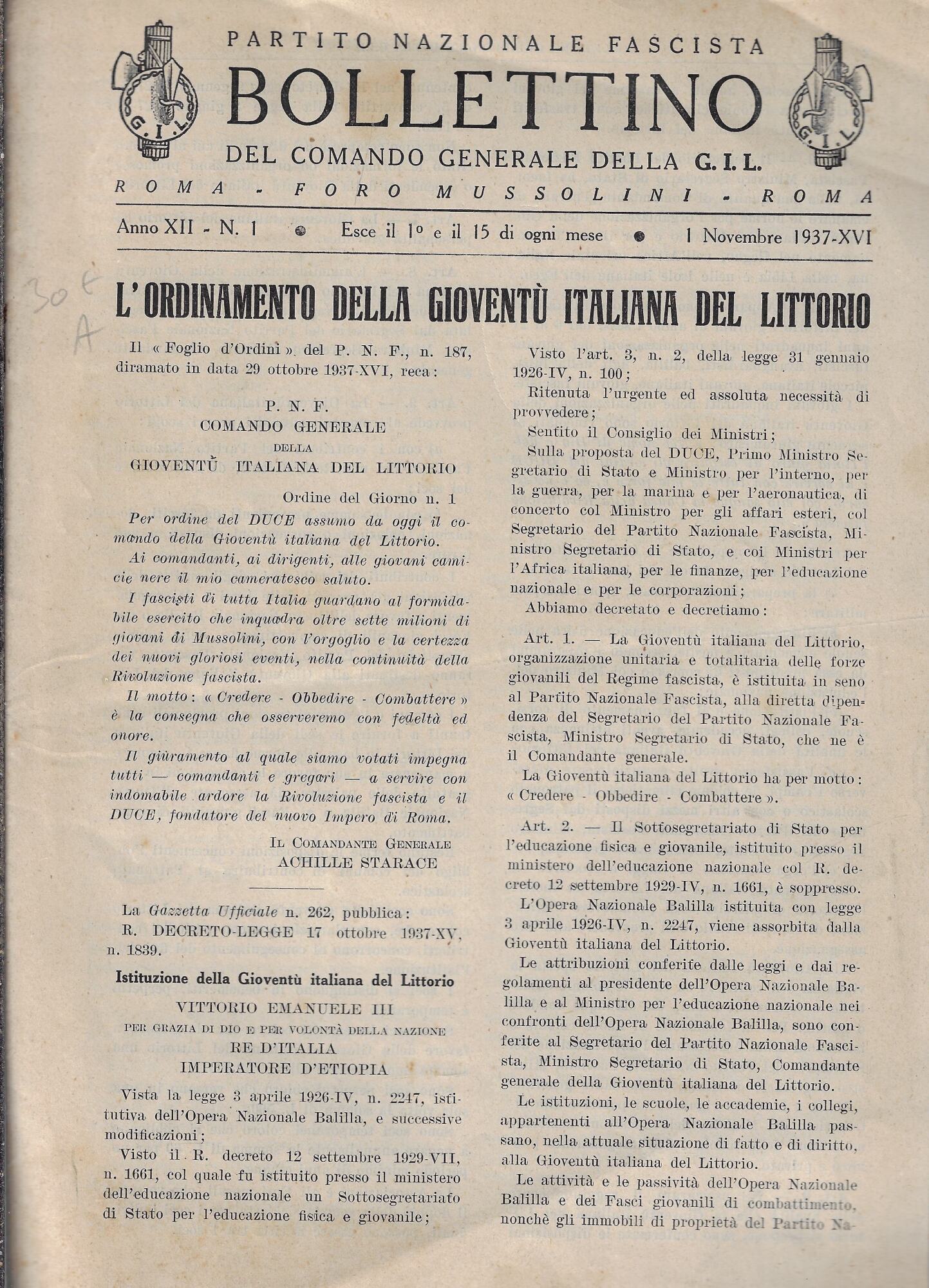 L'ordinamento della Gioventù italiana del littorio