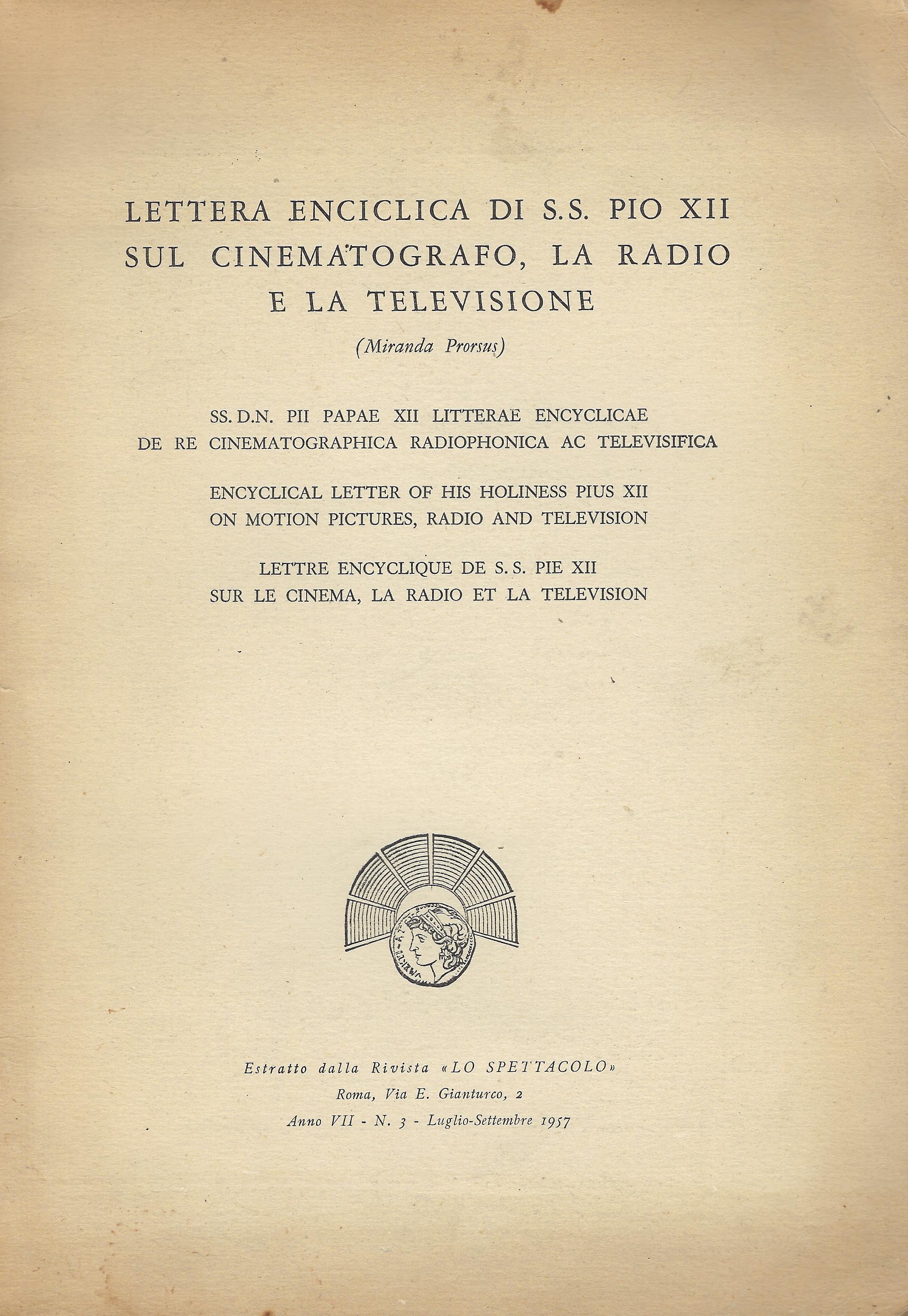 Lettera enciclica di S. S. Pio 12. sul cinematografo, la …