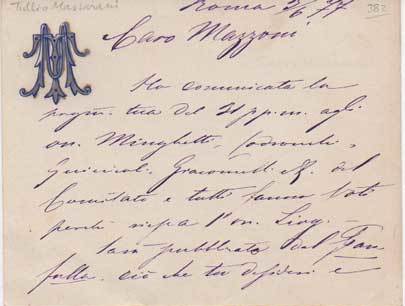 Biglietto autografo firmato “Tullo” inviato a Guido Mazzoni.