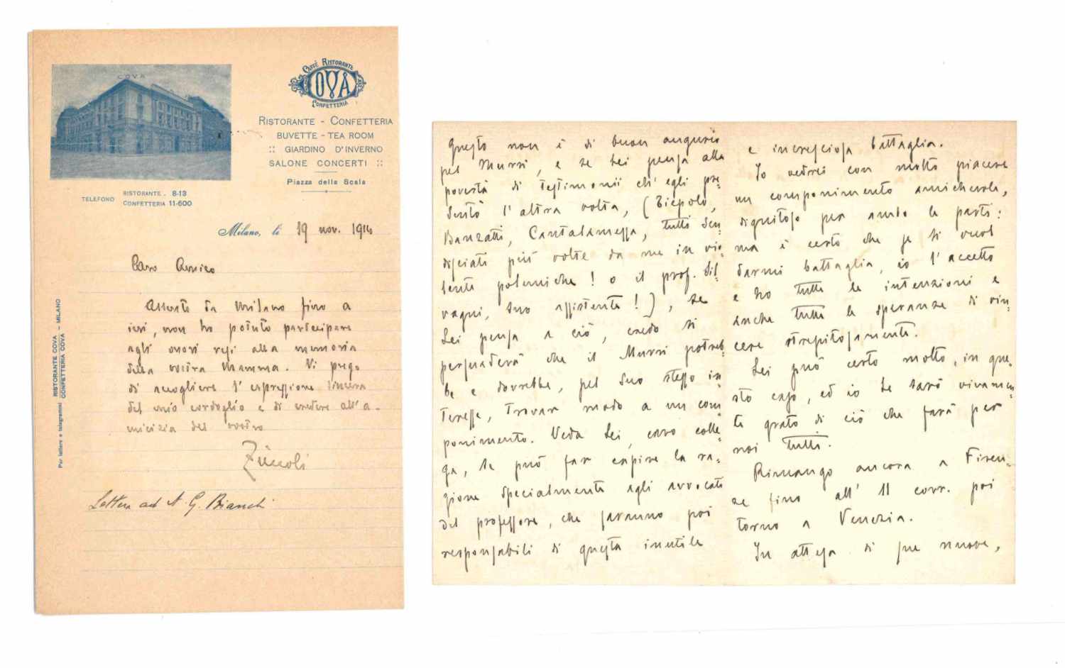 2 lettere autografe firmate inviate ad Augusto Guido Bianchi