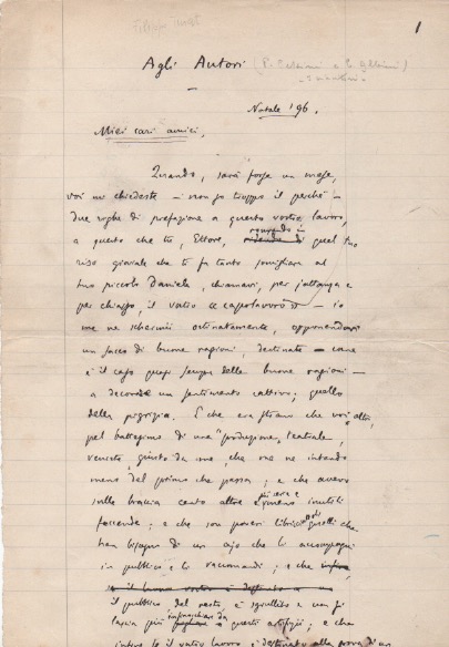 “Agli Autori”. Testo in prosa autografo firmato. Datato “Natale 1896”